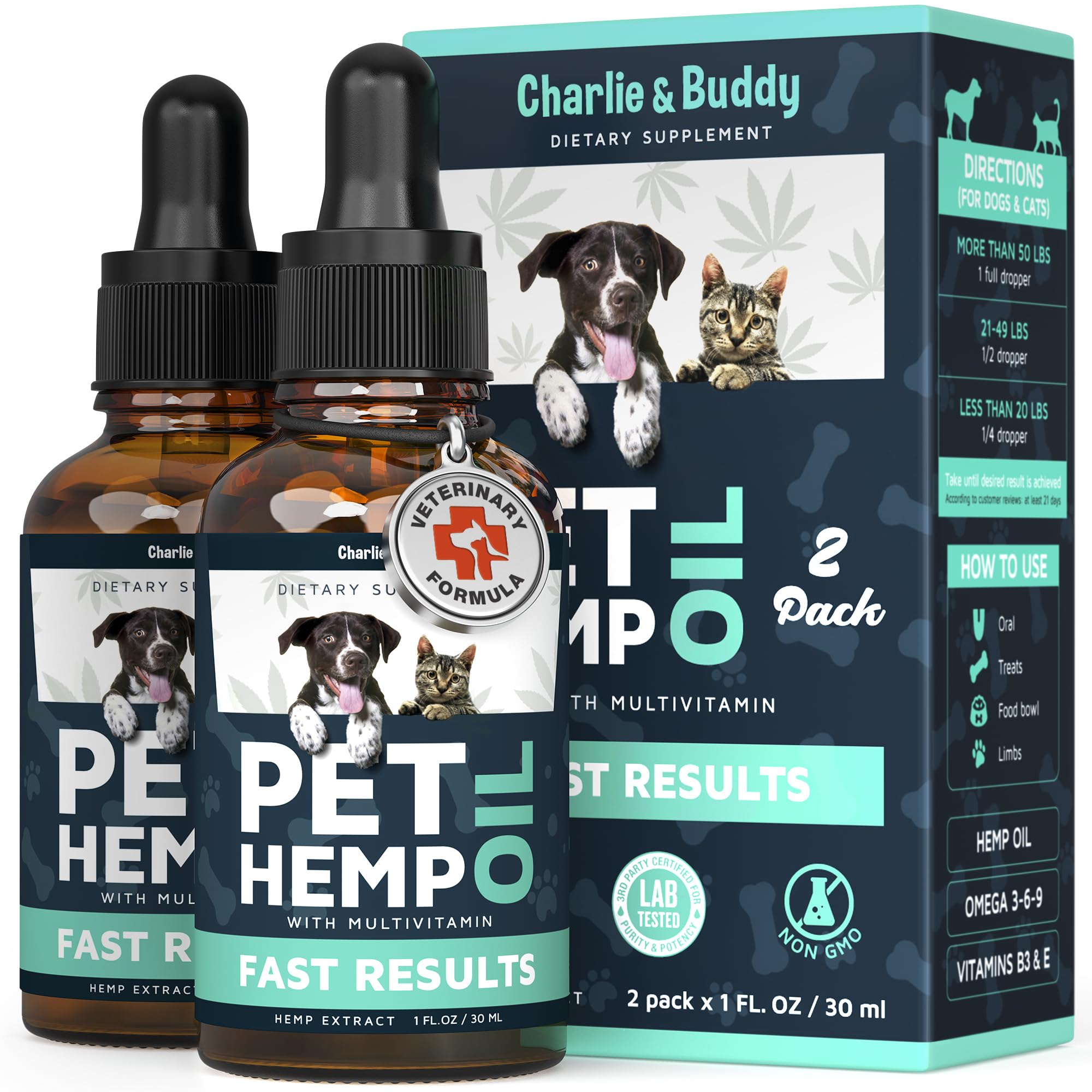 Charlie & Buddy front packaging showing two-bottle 2-pack and benefits