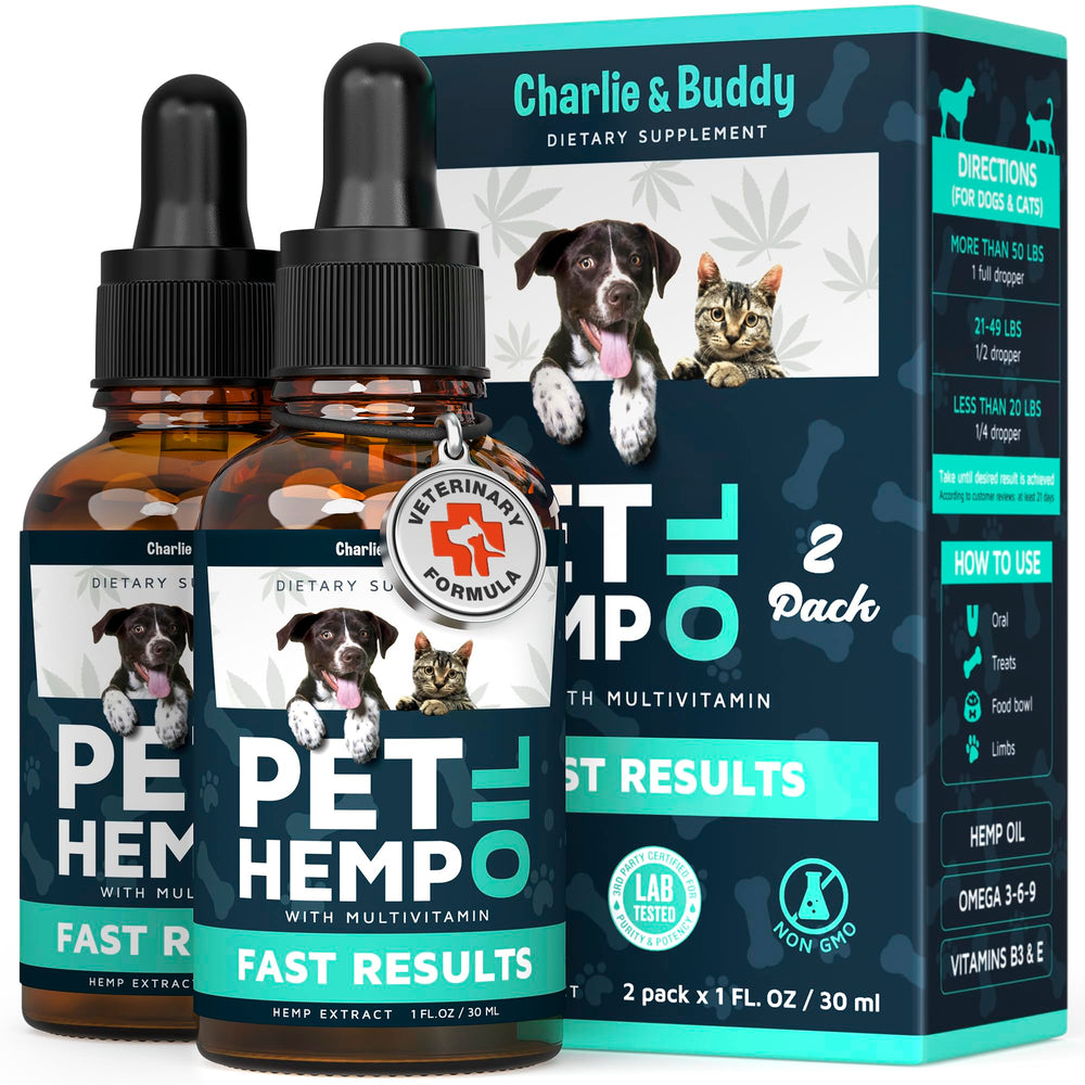 Charlie & Buddy front packaging showing two-bottle 2-pack and benefits