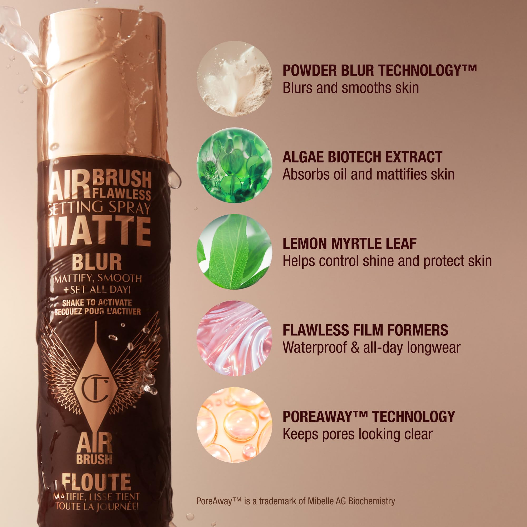 Charlotte Tilbury bottle with ingredients label visible to show aloe vera and green tea benefits