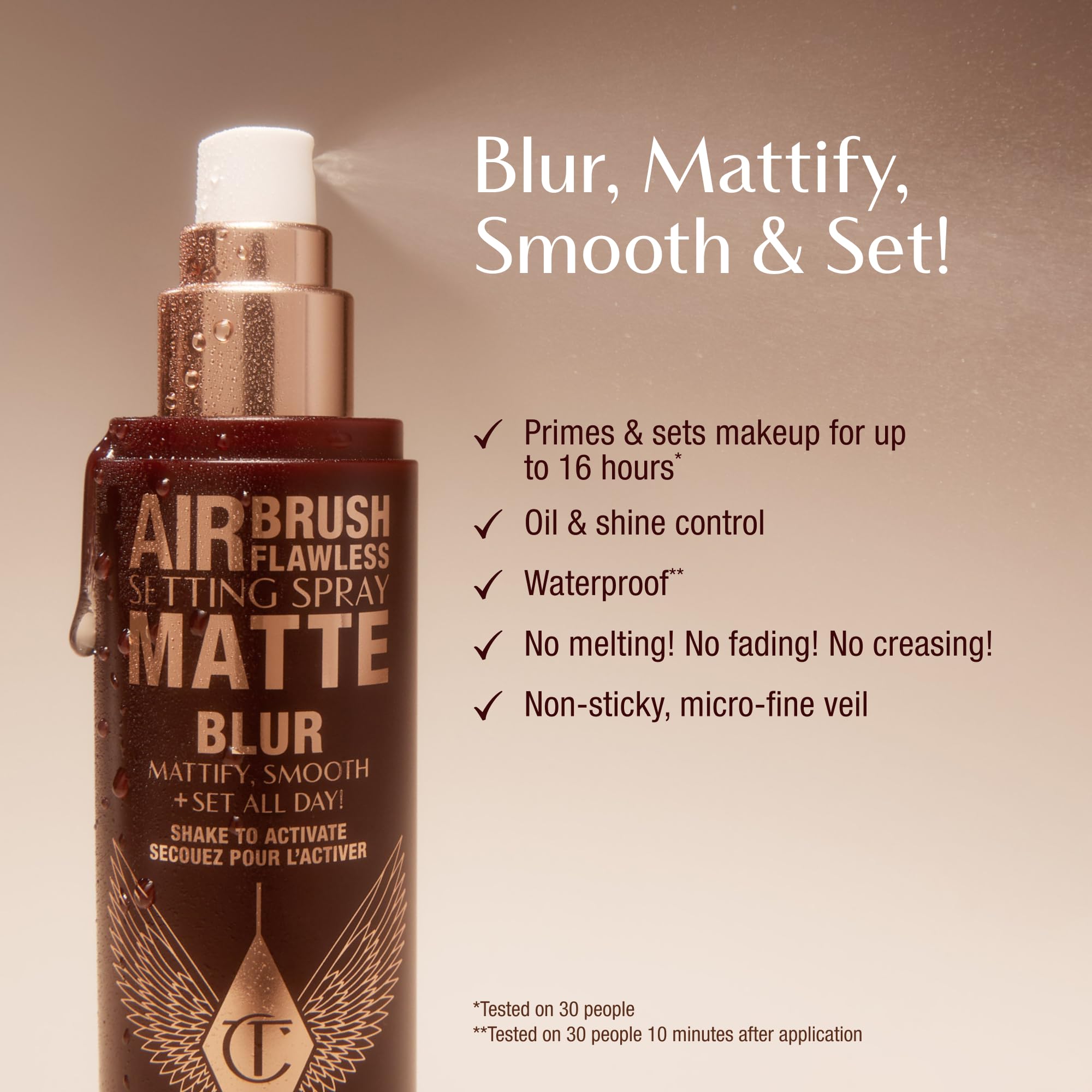 Charlotte Tilbury fine mist spray dispersing evenly for seamless long-lasting makeup hold
