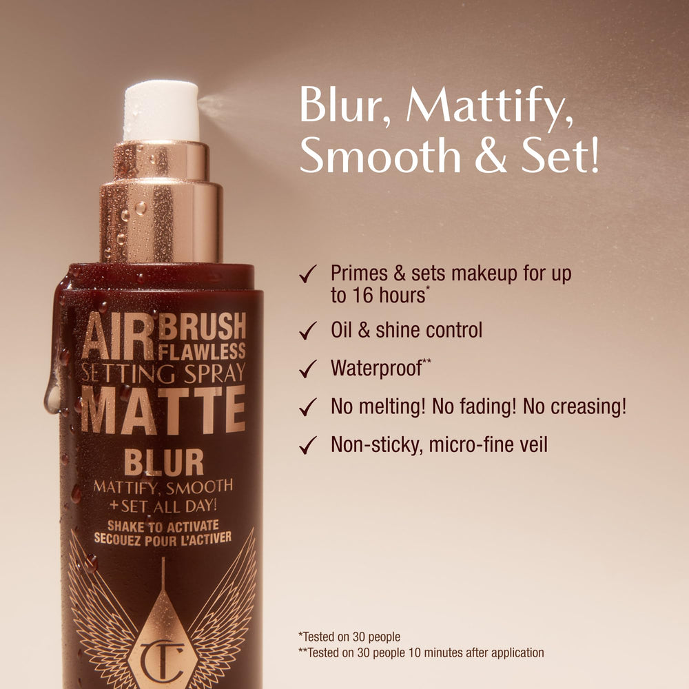 Charlotte Tilbury fine mist spray dispersing evenly for seamless long-lasting makeup hold