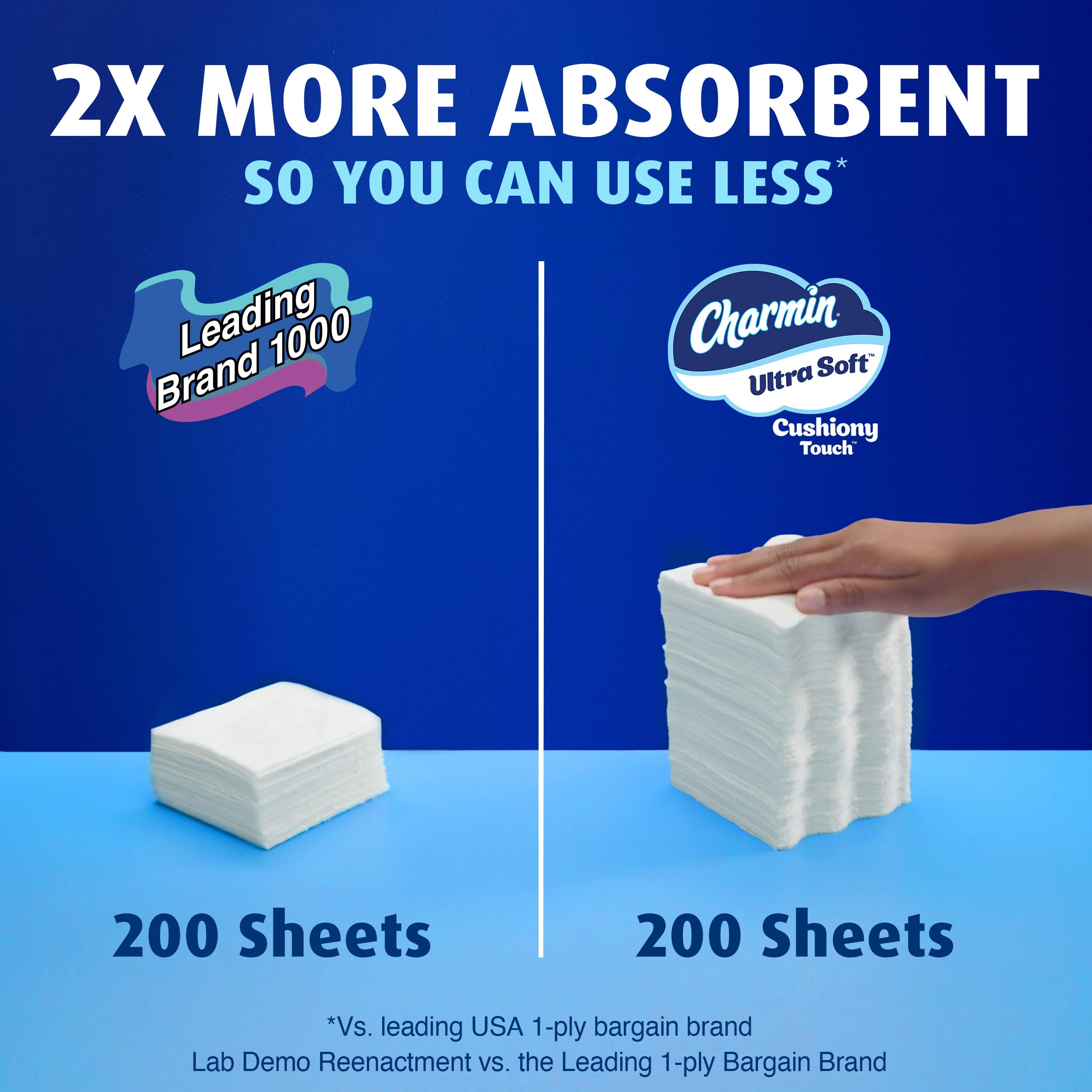 Bathroom shelf styled with Charmin packs illustrating convenience and comfort