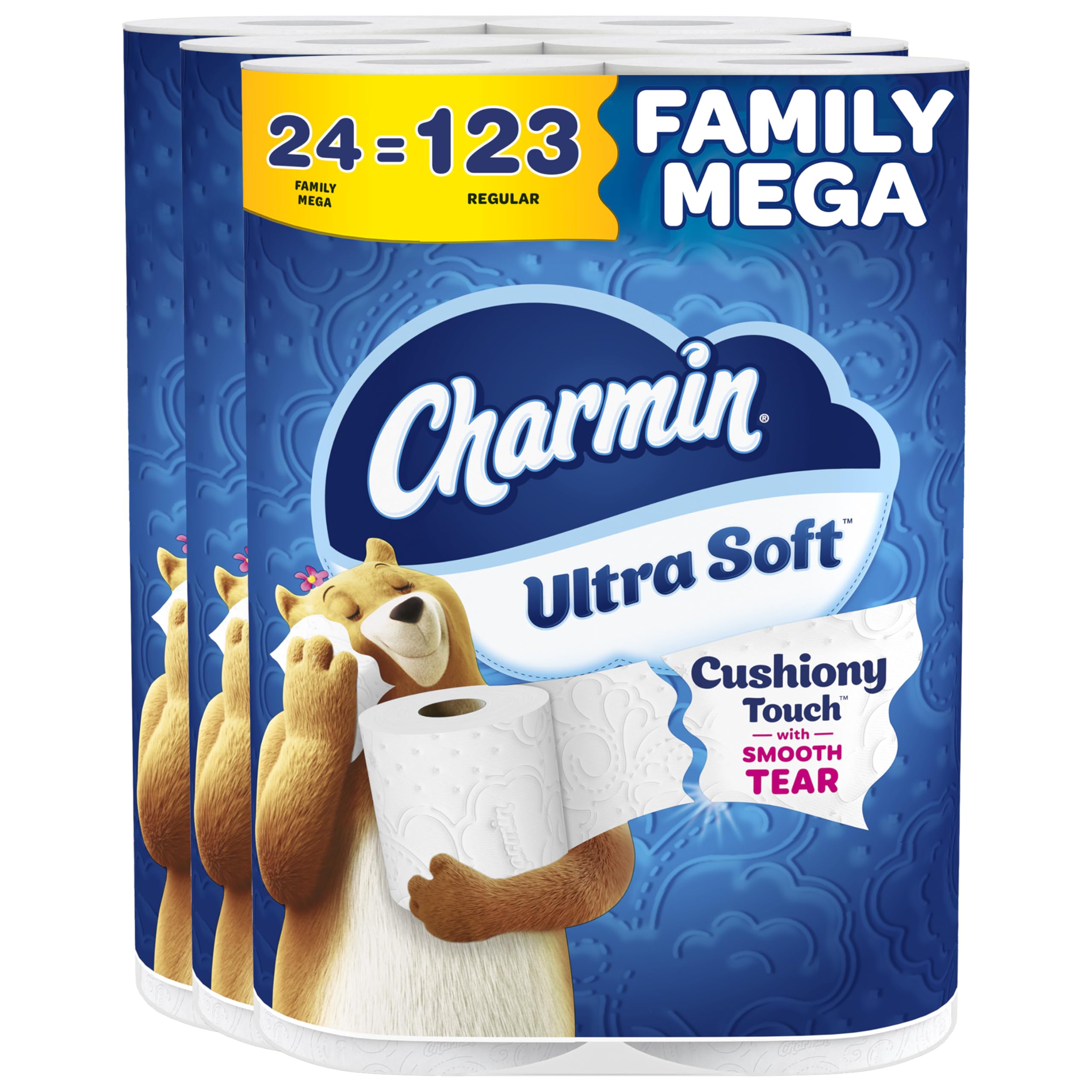 Charmin front pack showing 24 Family Mega rolls and savings