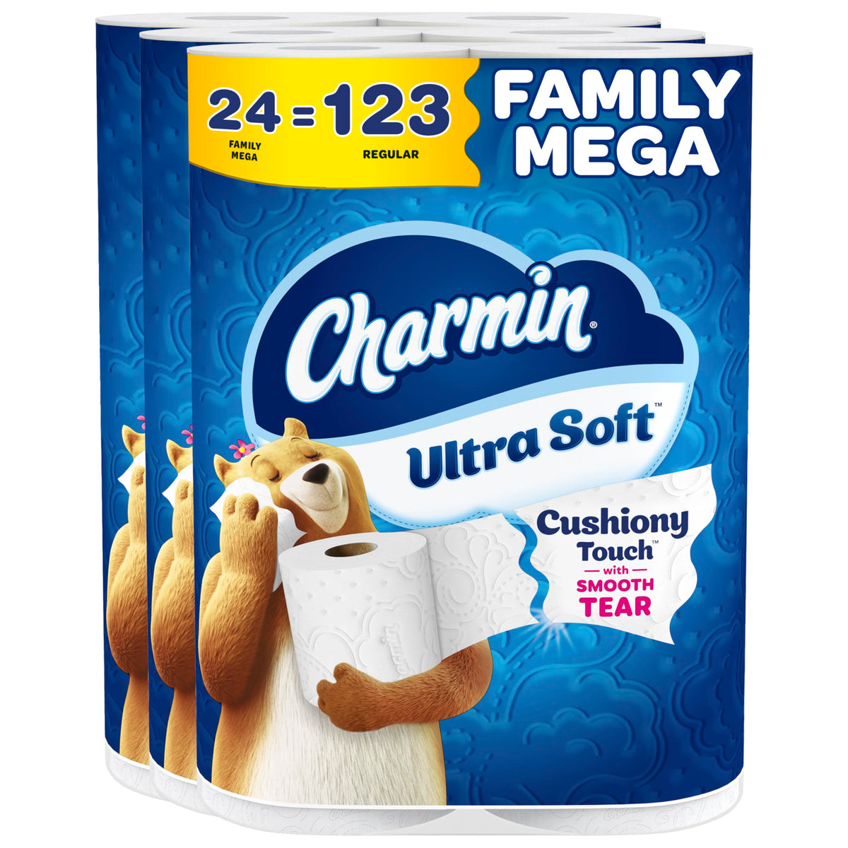 Charmin front pack showing 24 Family Mega rolls and savings