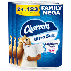 Charmin front pack showing 24 Family Mega rolls and savings