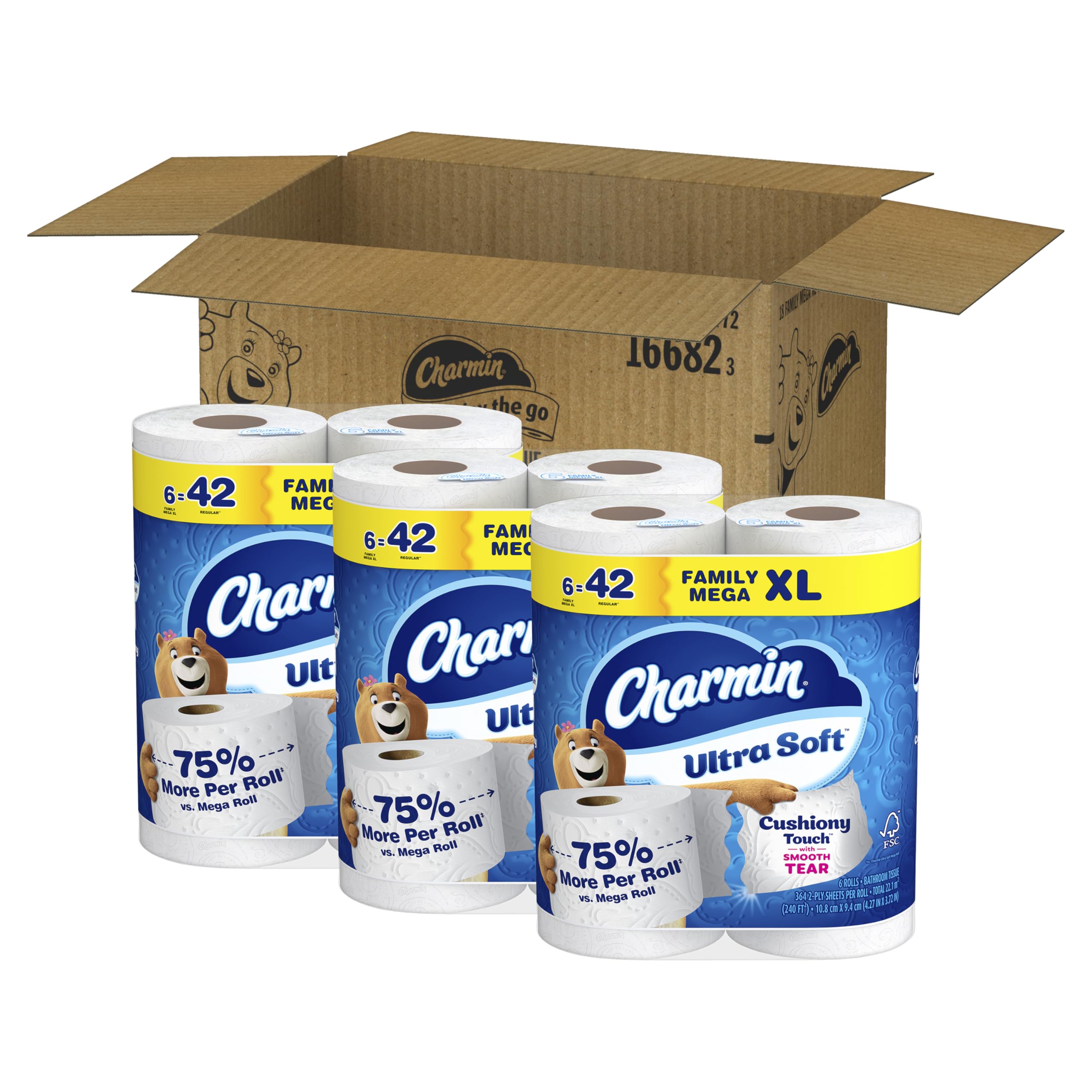 Charmin roll on dispenser beside toilet showing easy dispensing and reach