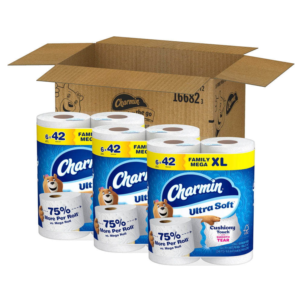 Charmin roll on dispenser beside toilet showing easy dispensing and reach