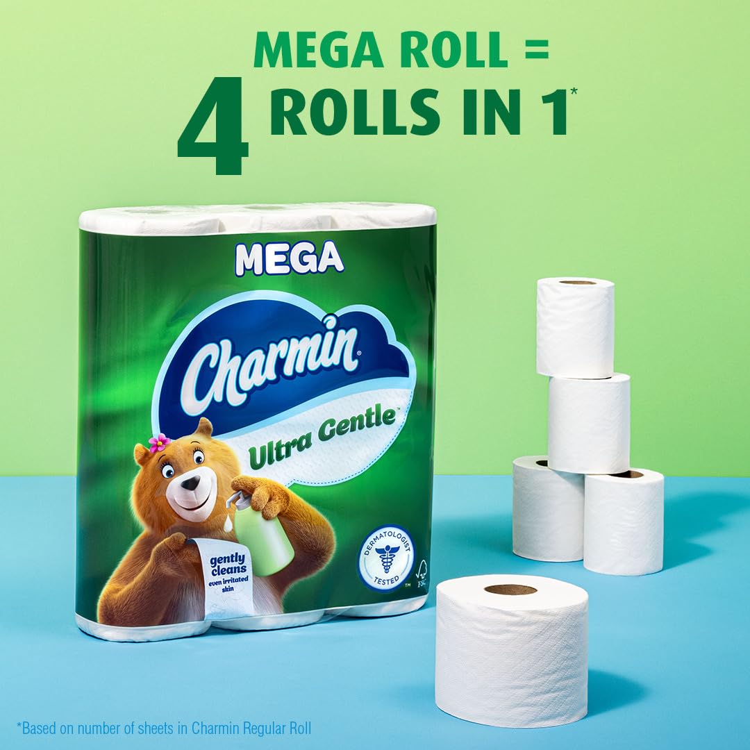 Charmin Ultra Gentle pack beside regular rolls to show mega-roll value