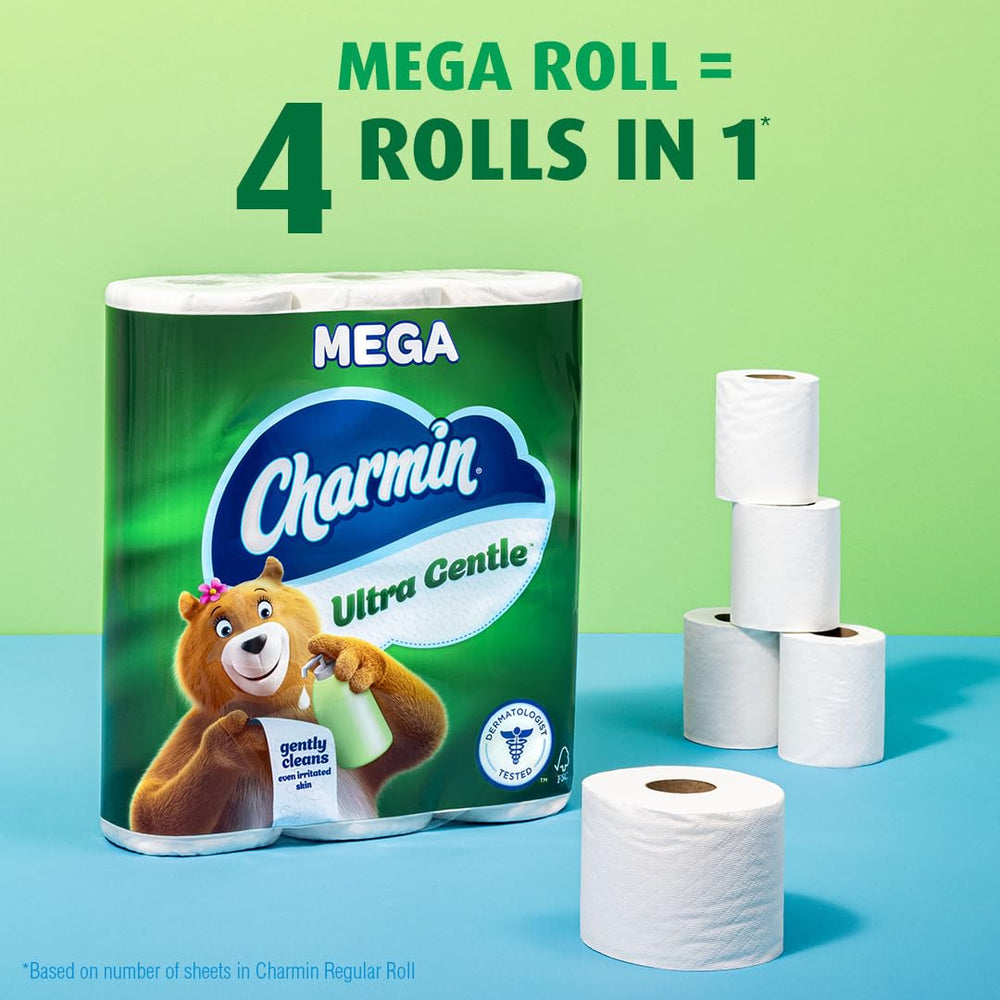 Charmin Ultra Gentle pack beside regular rolls to show mega-roll value