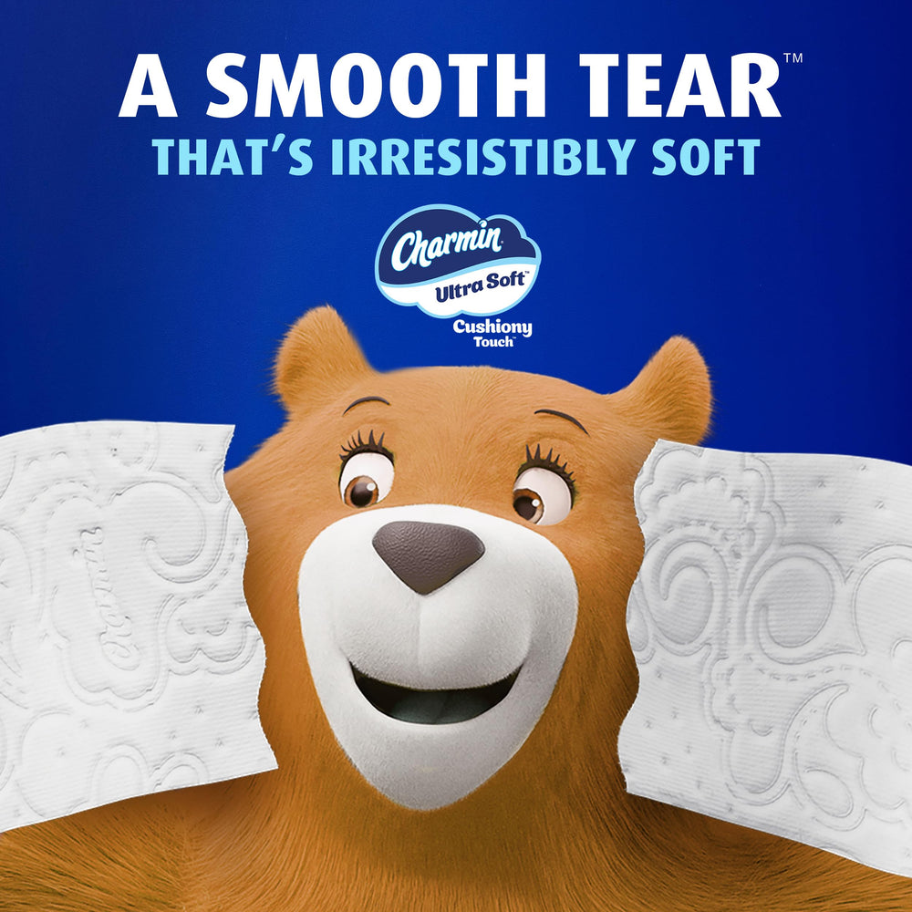 Charmin twelve rolls stacked to show Family Mega XL size and savings