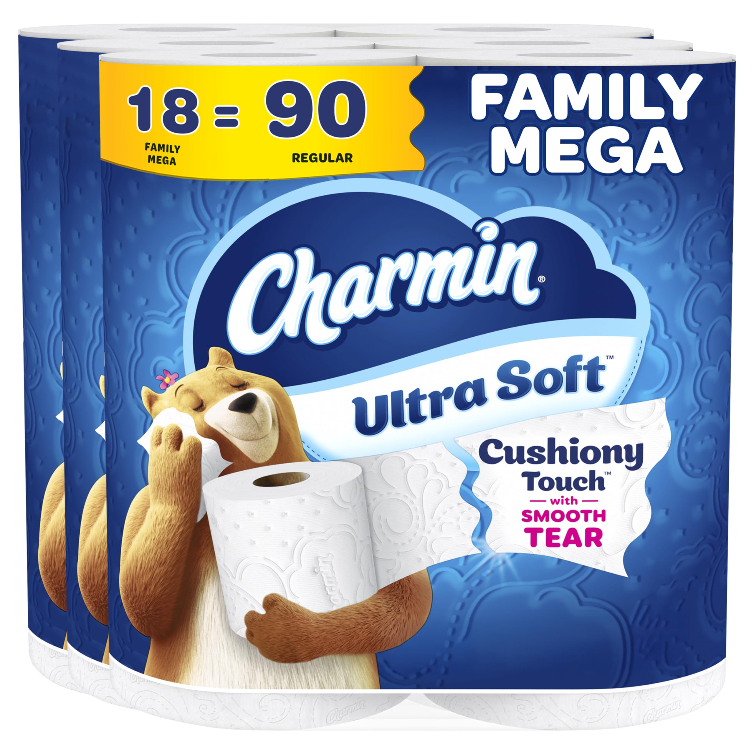 Charmin Ultra Soft front packaging showing 18 Family Mega rolls and value