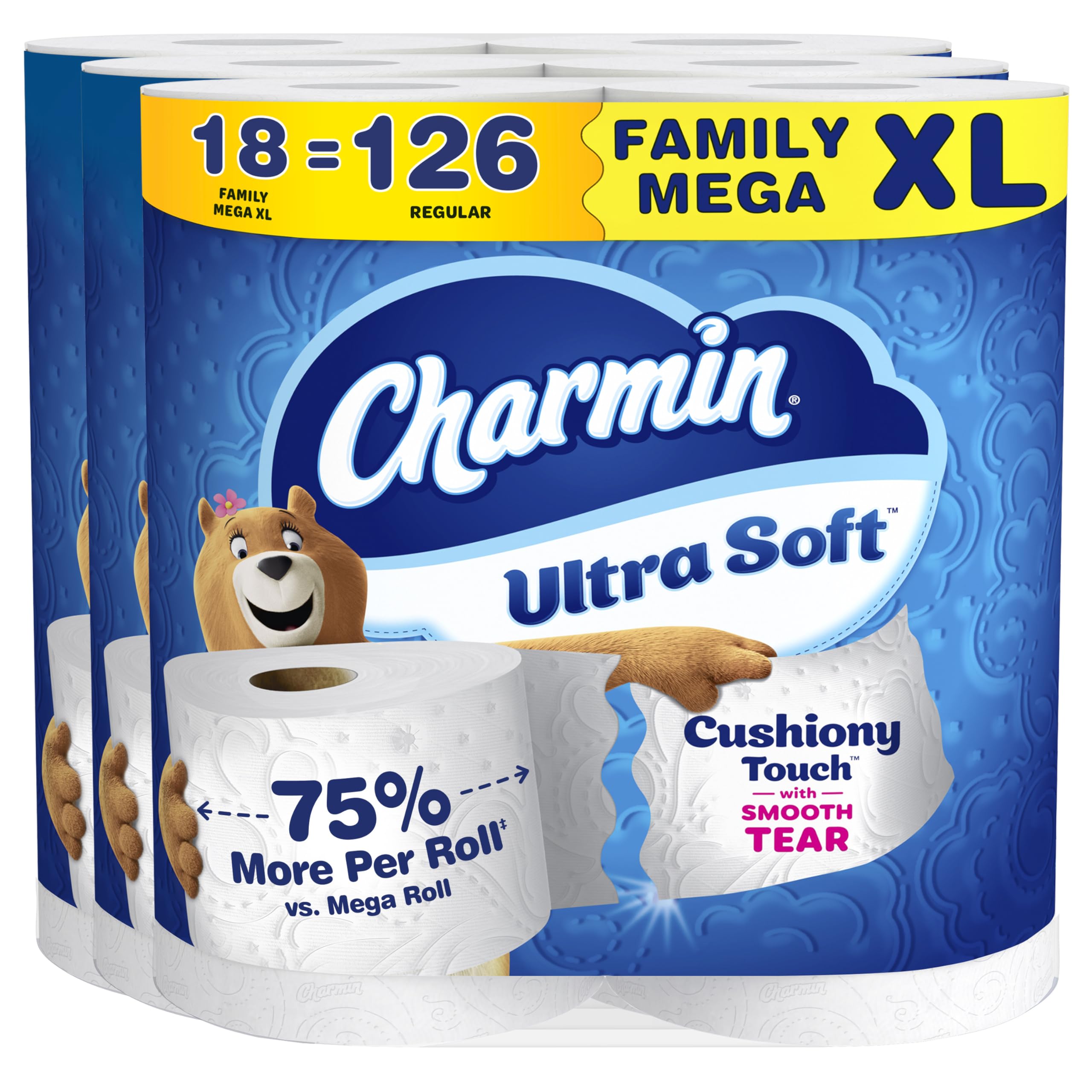 Charmin packaging front view showing brand and bulk value for convenience