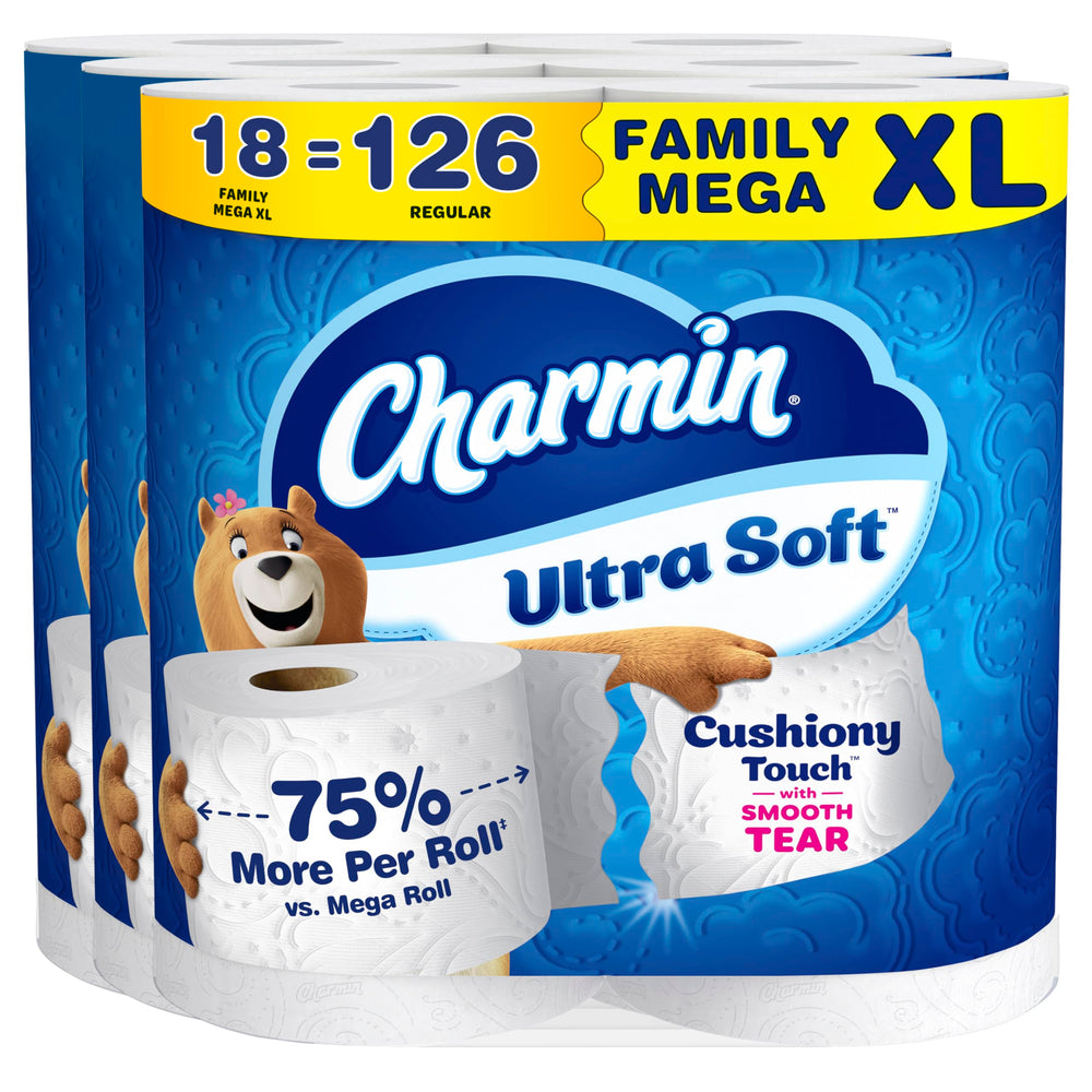 Charmin packaging front view showing brand and bulk value for convenience