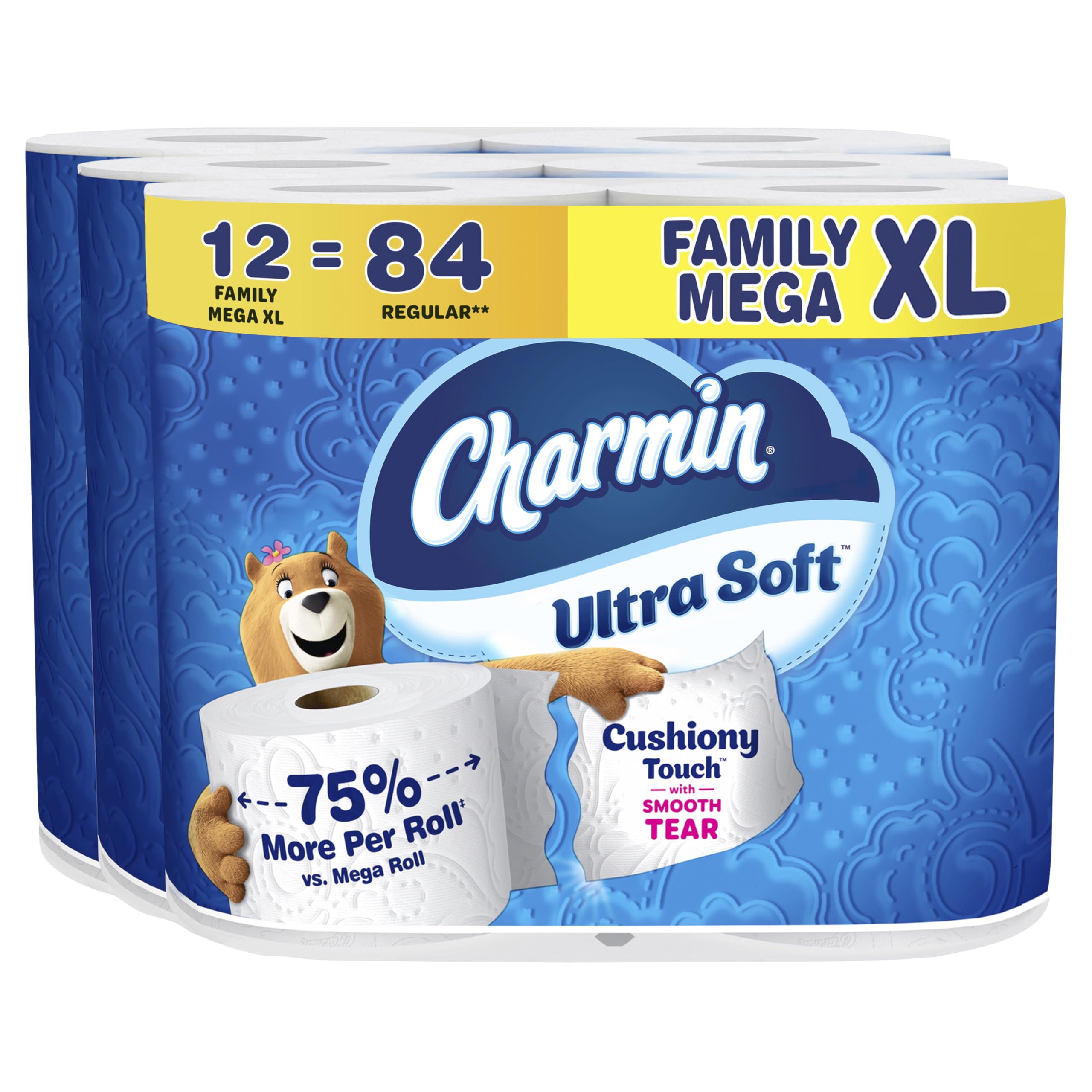Charmin front packaging showing bulk Family Mega XL value for convenience