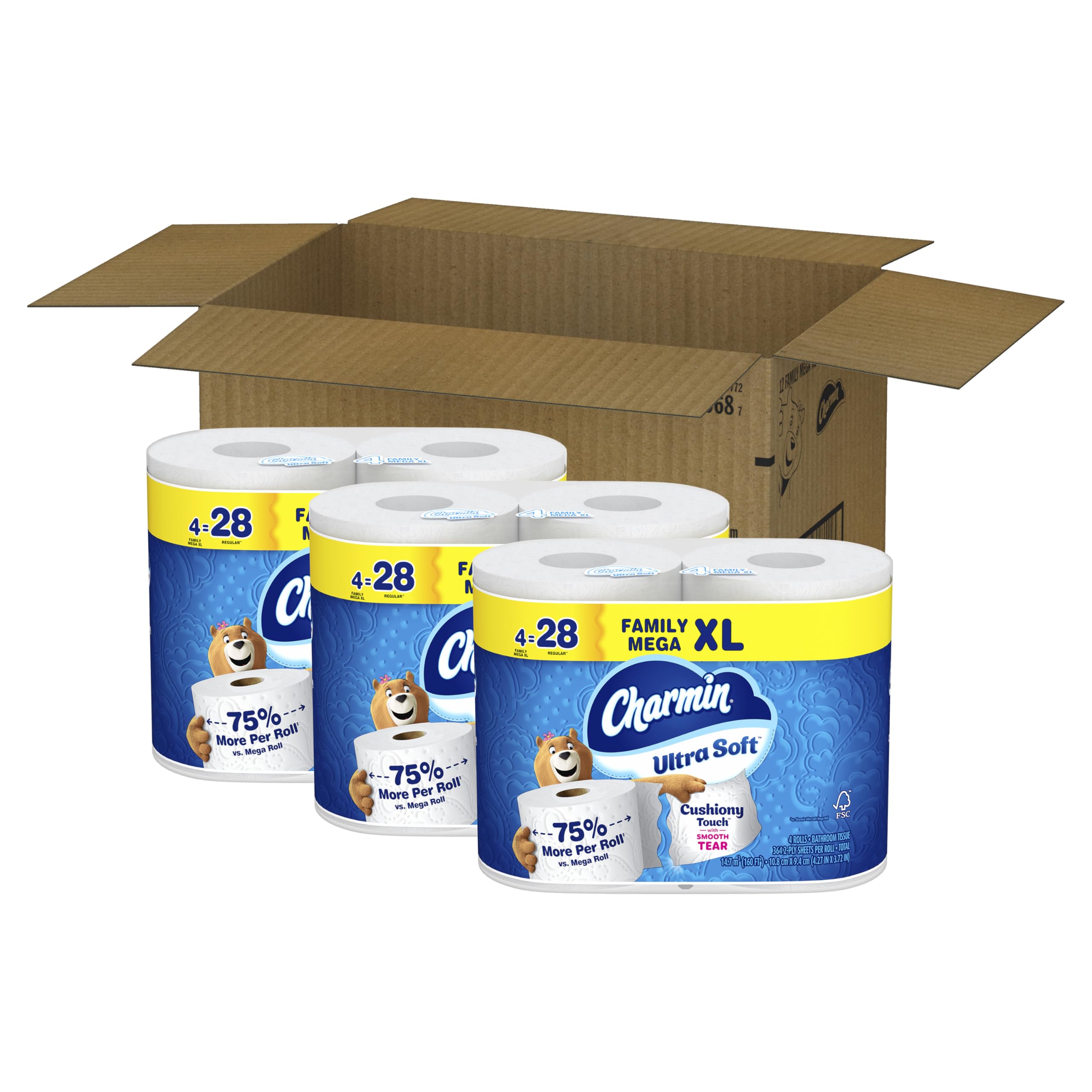 Charmin open pack revealing long-lasting sheets and high sheet count