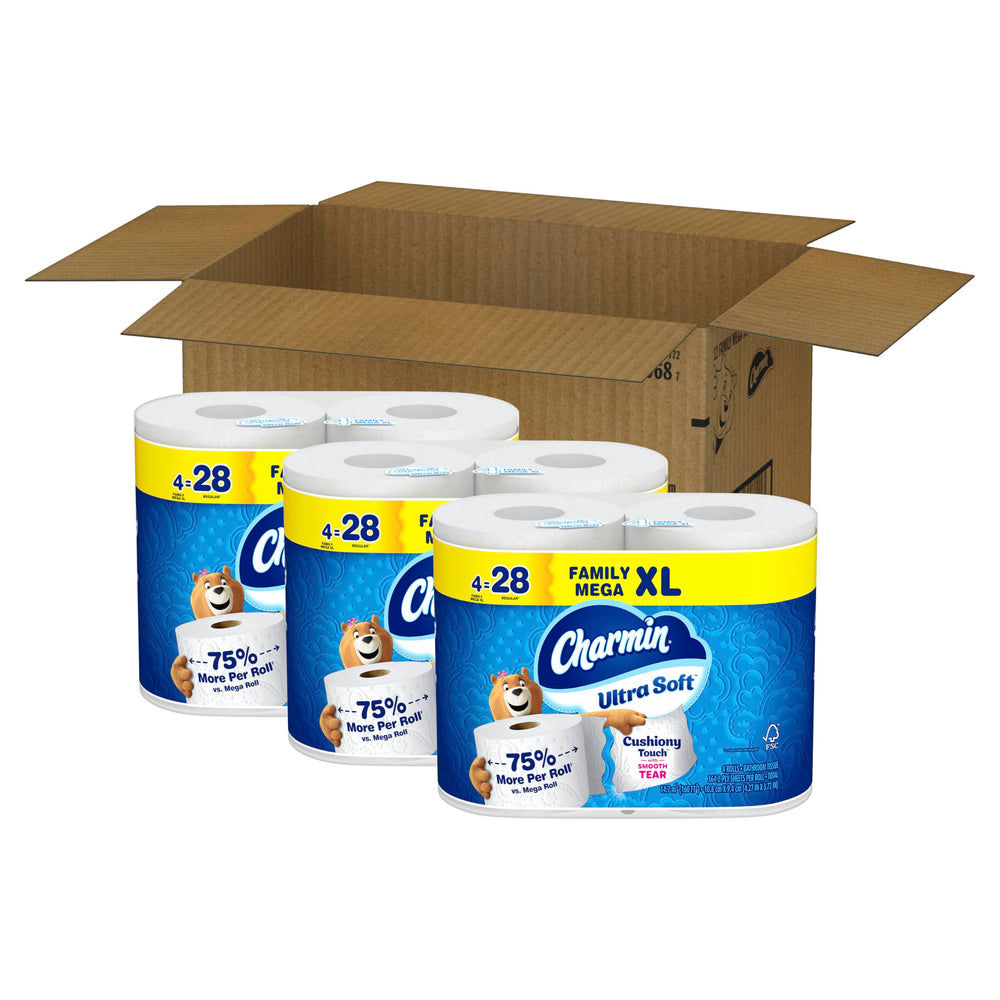 Charmin open pack revealing long-lasting sheets and high sheet count