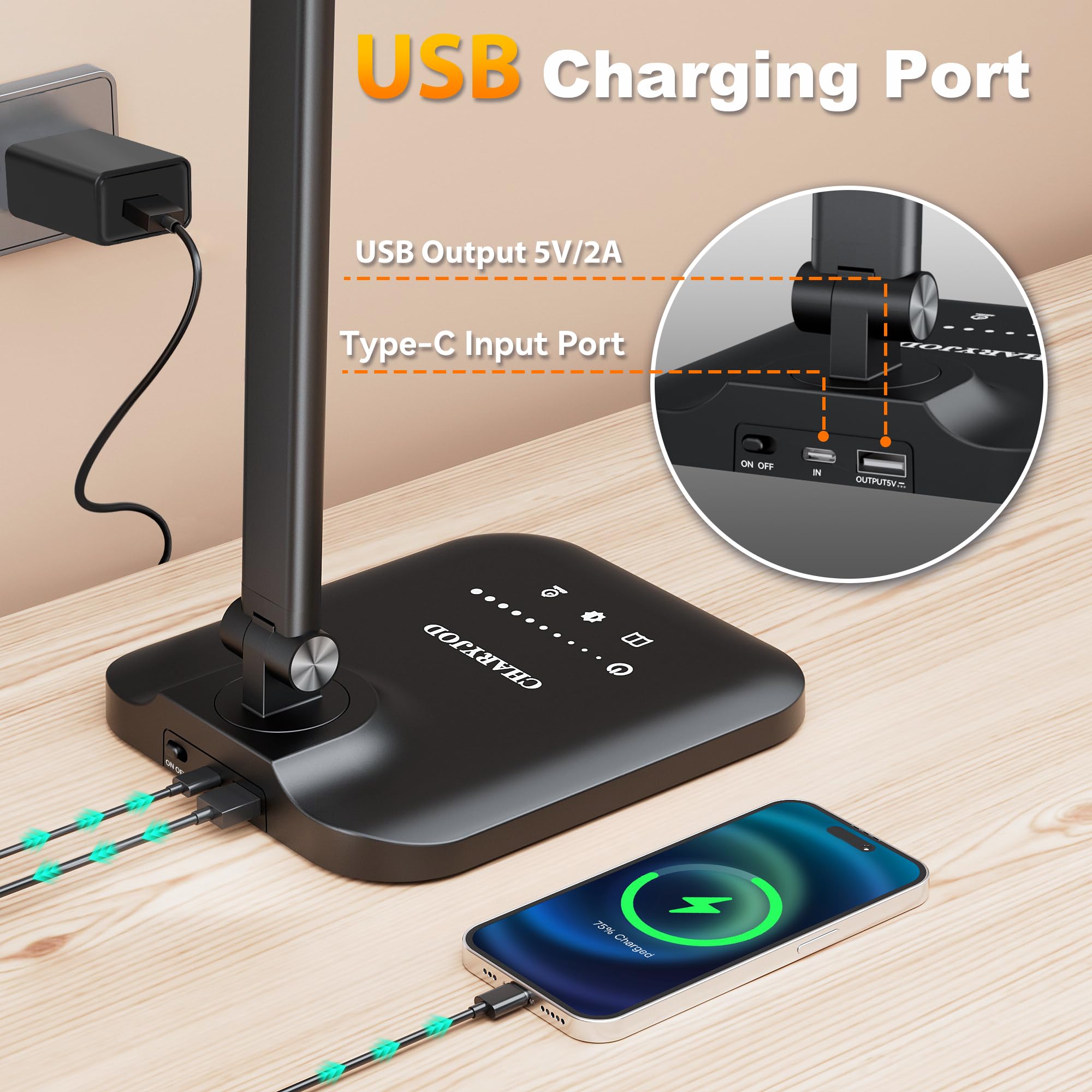 CHARYJOD adjustable arm close-up highlighting swivel joints for precise direction
