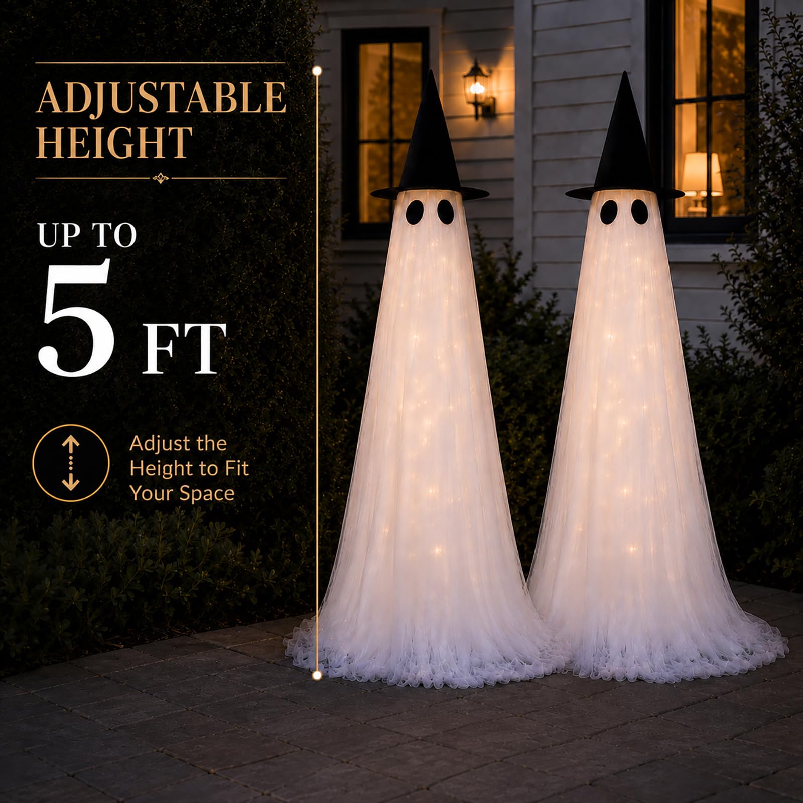 CheerBloom two lit ghosts on a porch creating inviting Halloween lighting