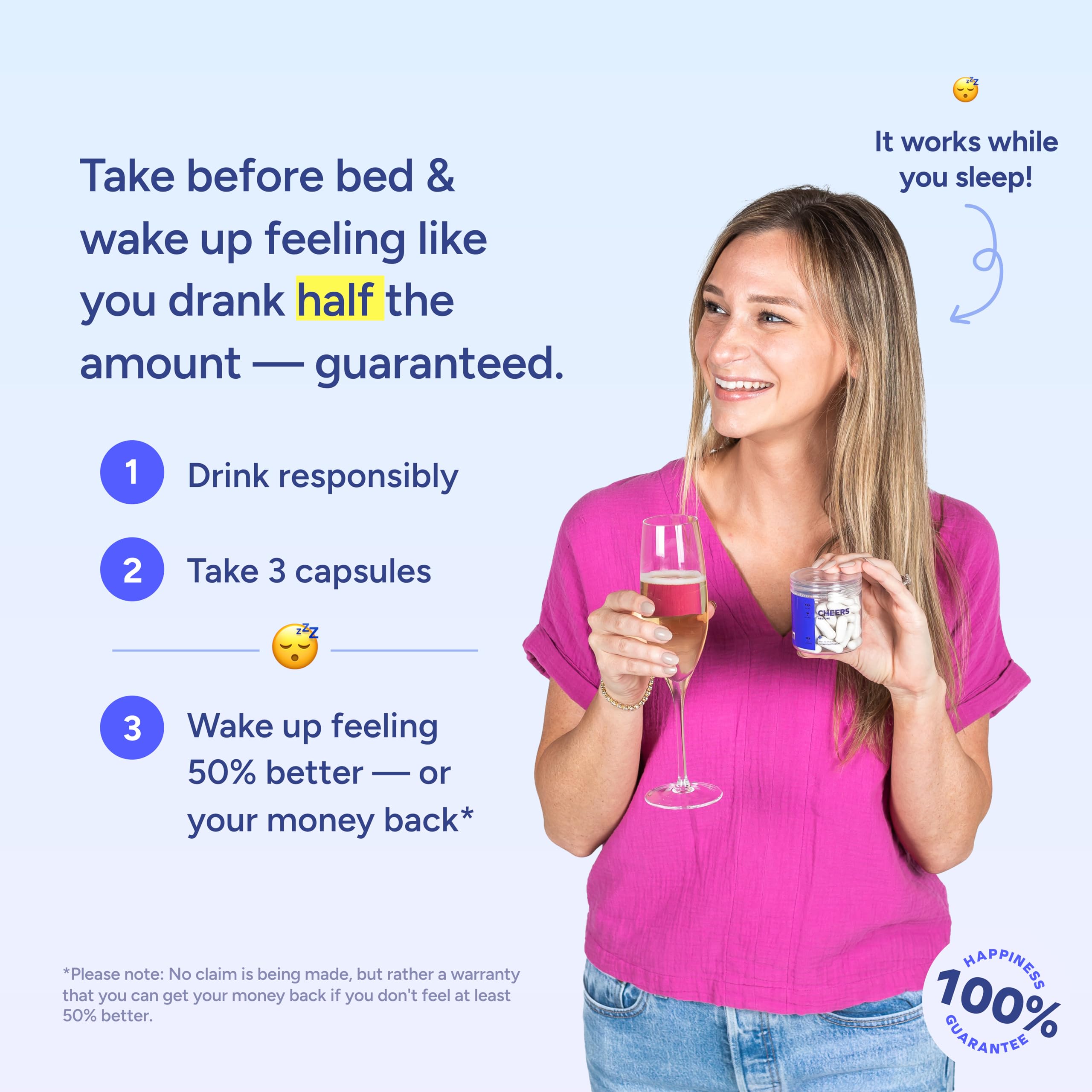 Cheers Restore open bottle with visible capsules, convenient single‑dose recovery support