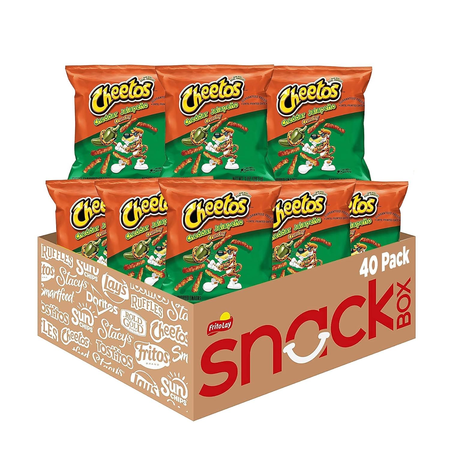 Cheetos front pack showing cheddar jalapeño flavor and resealable benefit