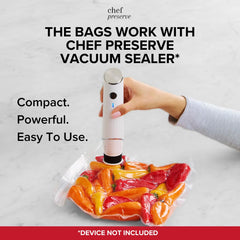 Chef Preserve bag in freezer with frozen meal demonstrating freezer-safe protection and space saving