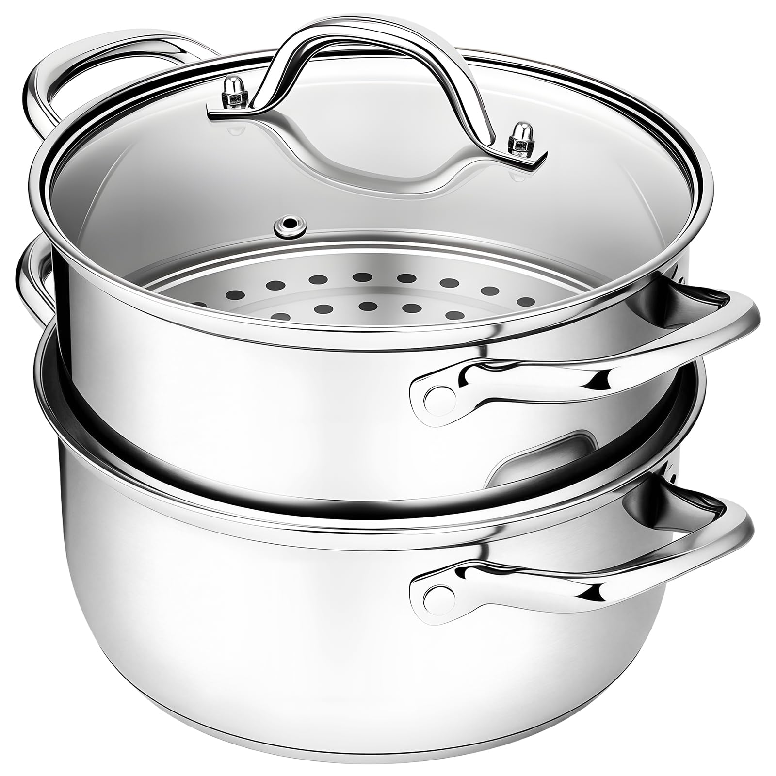 CHEFBEE front view of 3.2QT steamer pot showing full set and compact design benefit