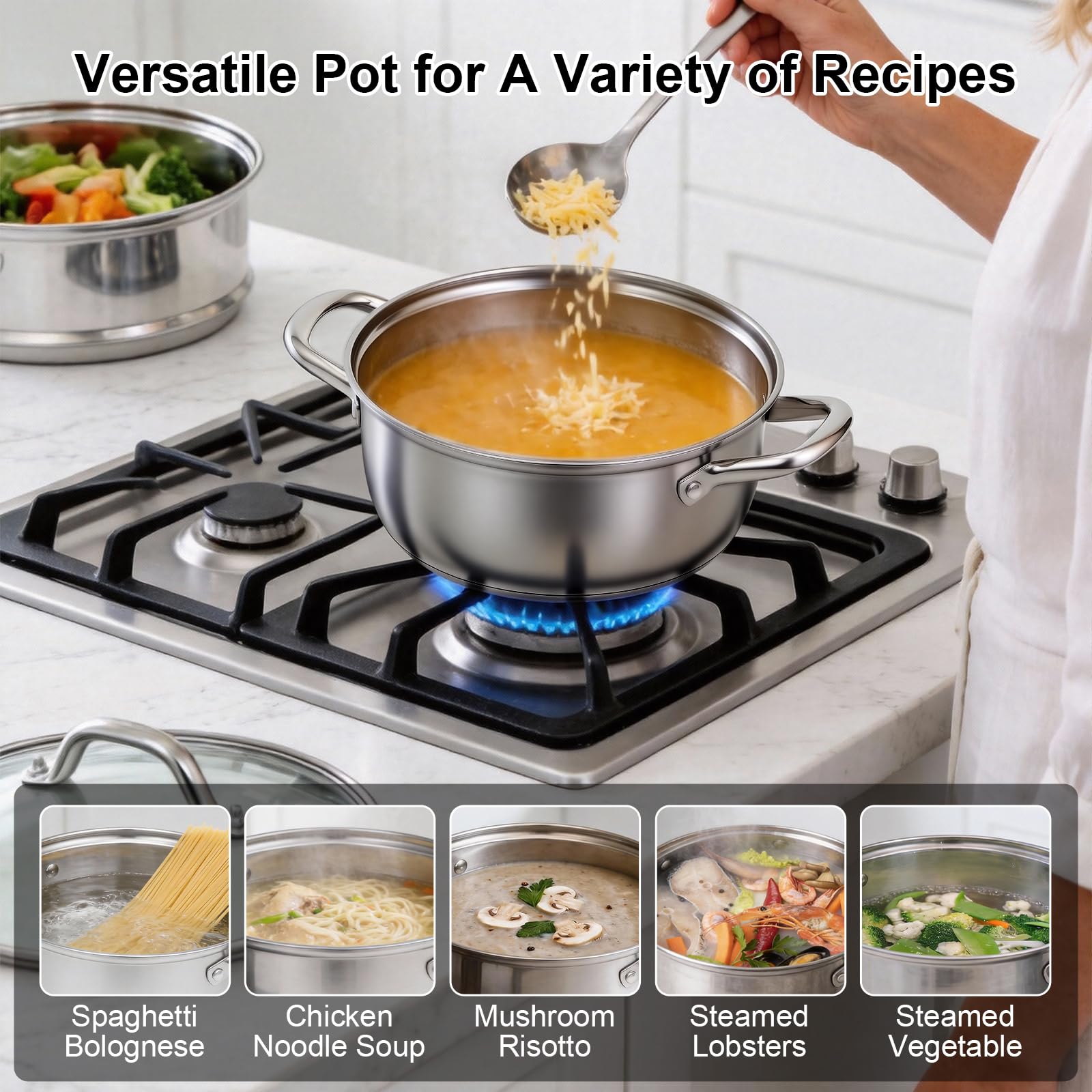 CHEFBEE pot next to hand showing 3.2QT scale and portion sizing benefit