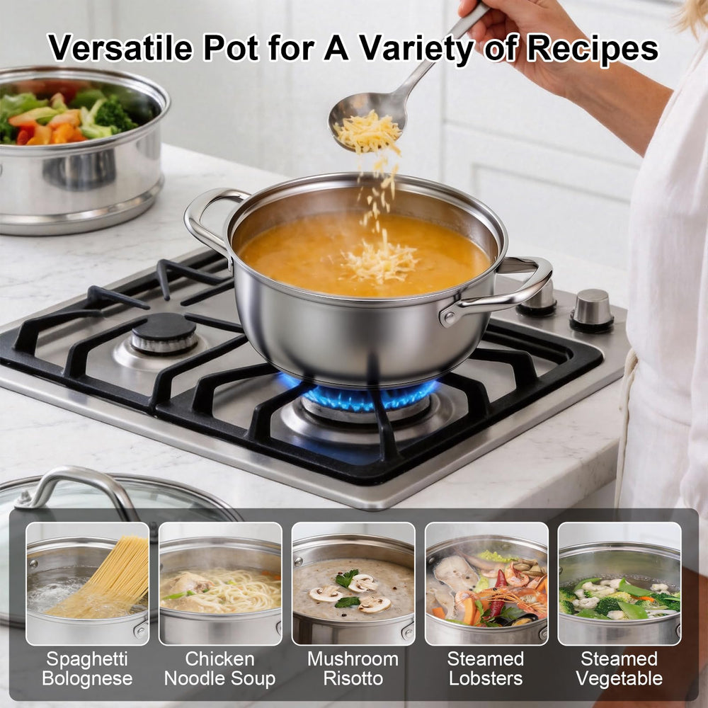 CHEFBEE pot next to hand showing 3.2QT scale and portion sizing benefit