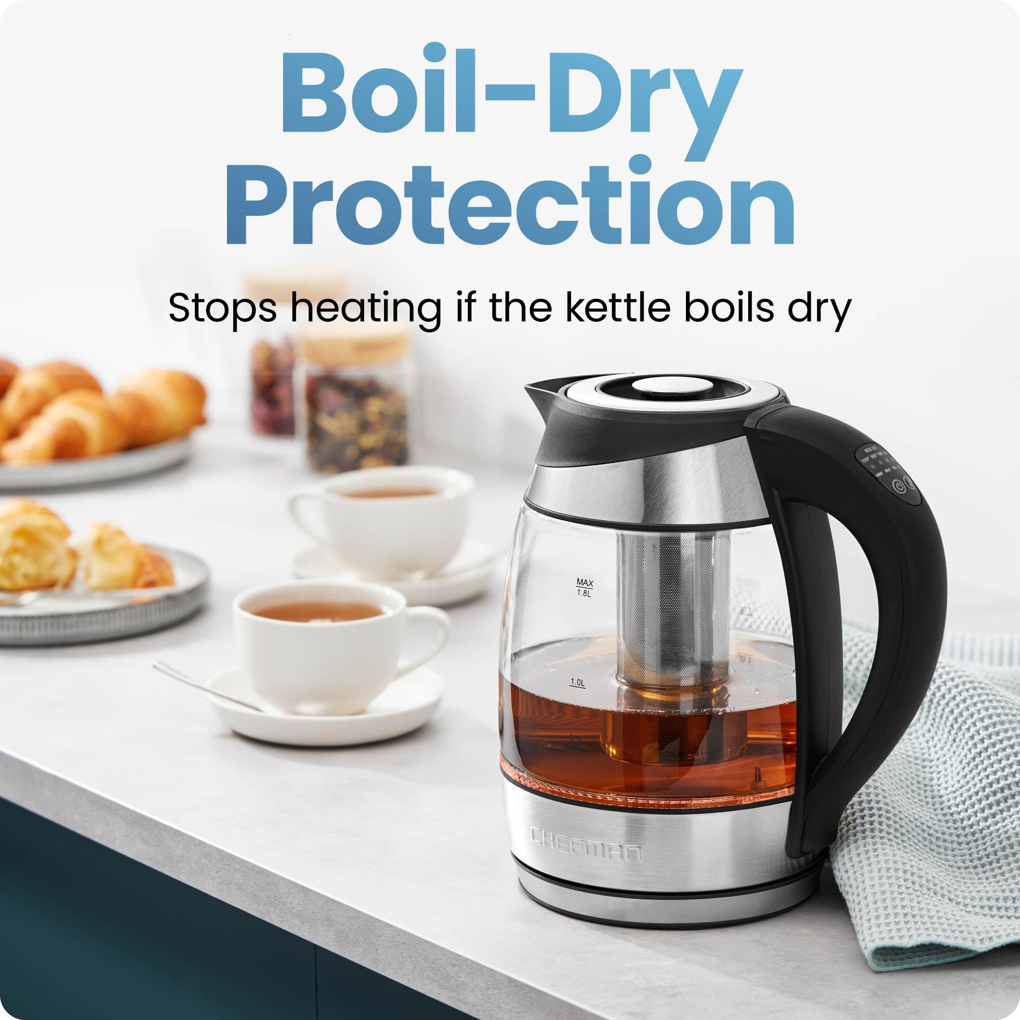 Chefman kettle next to measuring cup showing 1.8 liter capacity for multiple servings