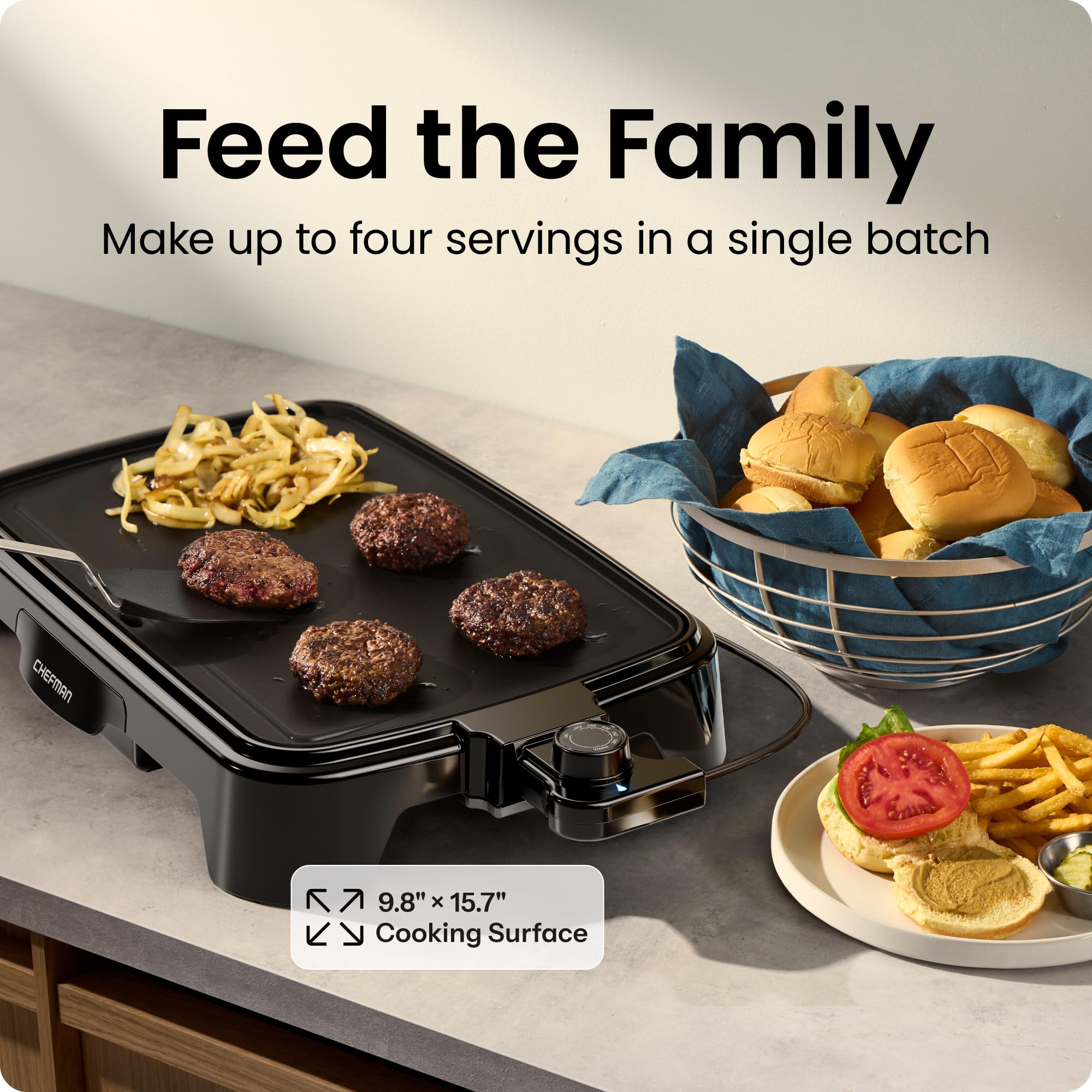 Chefman closeup of nonstick surface highlighting easy-release and quick cleanup benefit
