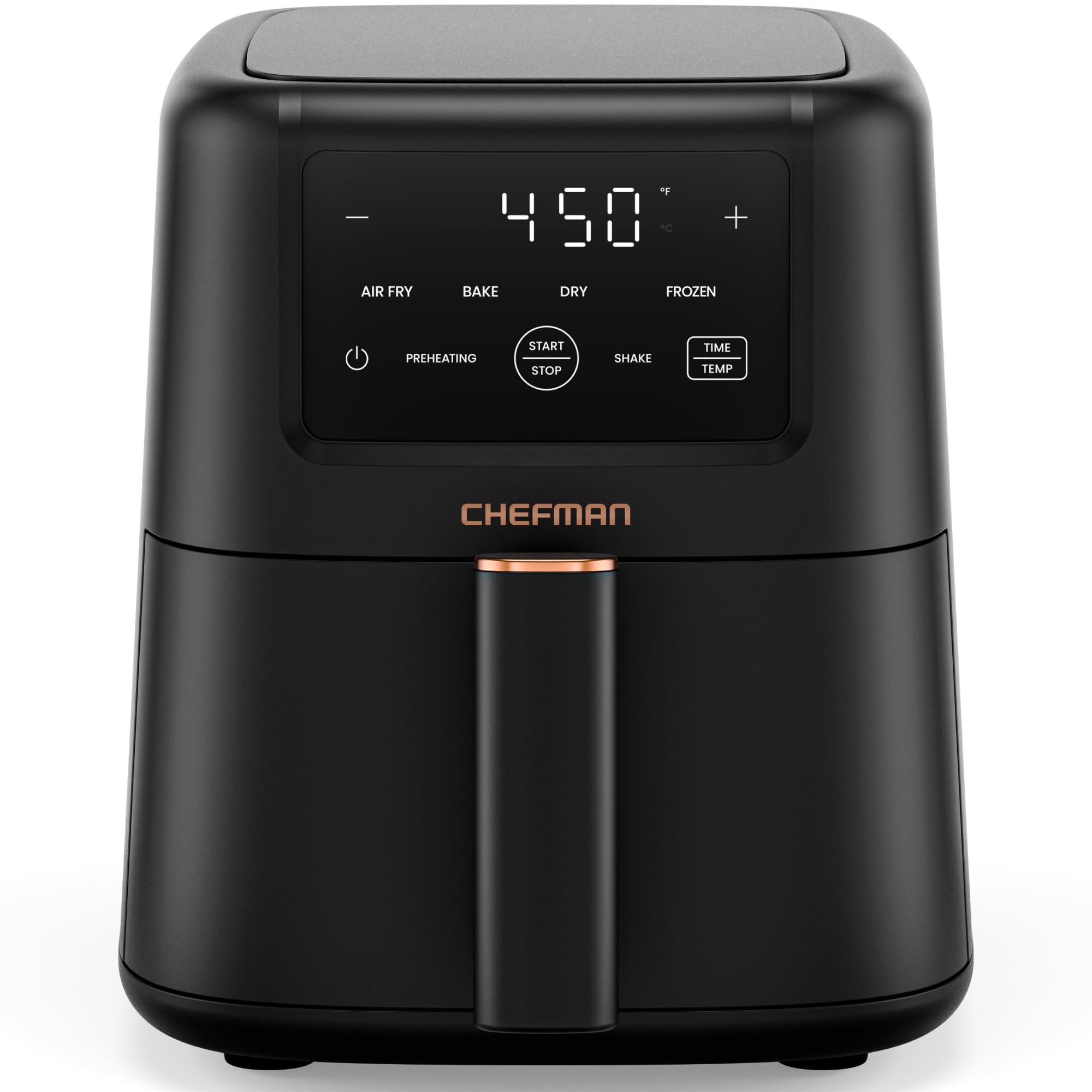 Chefman compact air fryer front profile showing slim footprint and quick heating benefit