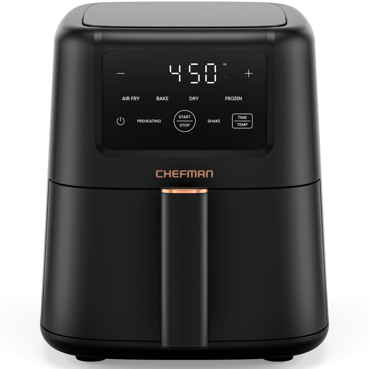 Chefman compact air fryer front profile showing slim footprint and quick heating benefit