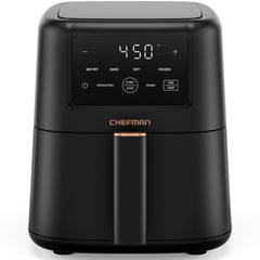 Chefman compact air fryer front profile showing slim footprint and quick heating benefit