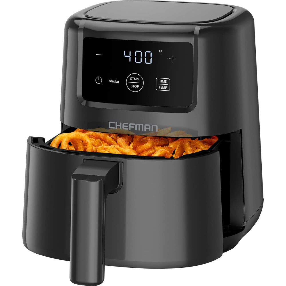 Chefman front view showing compact black air fryer and small footprint benefit