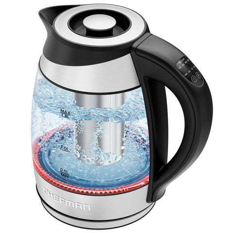 Chefman glass electric kettle front view showing clear body and handle, easy monitoring
