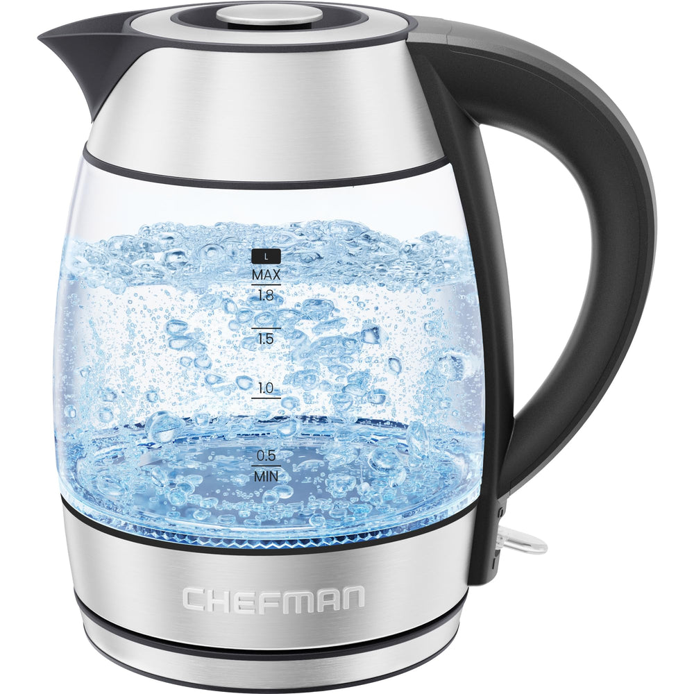 Chefman front view glass kettle showing modern design and quick boiling benefit