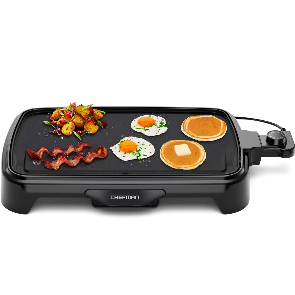 Chefman front view griddle on countertop showing compact design and benefit of extra cooking space