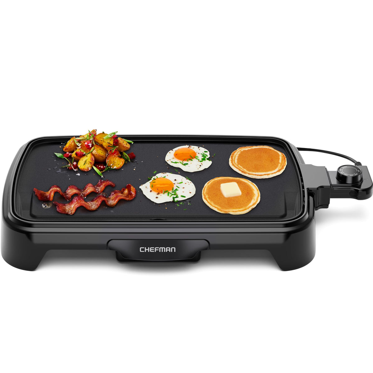Chefman front view griddle on countertop showing compact design and benefit of extra cooking space