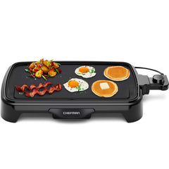 Chefman front view griddle on countertop showing compact design and benefit of extra cooking space