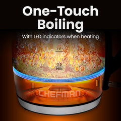 Chefman handle and drip-free spout detail for safe, ergonomic pouring benefit