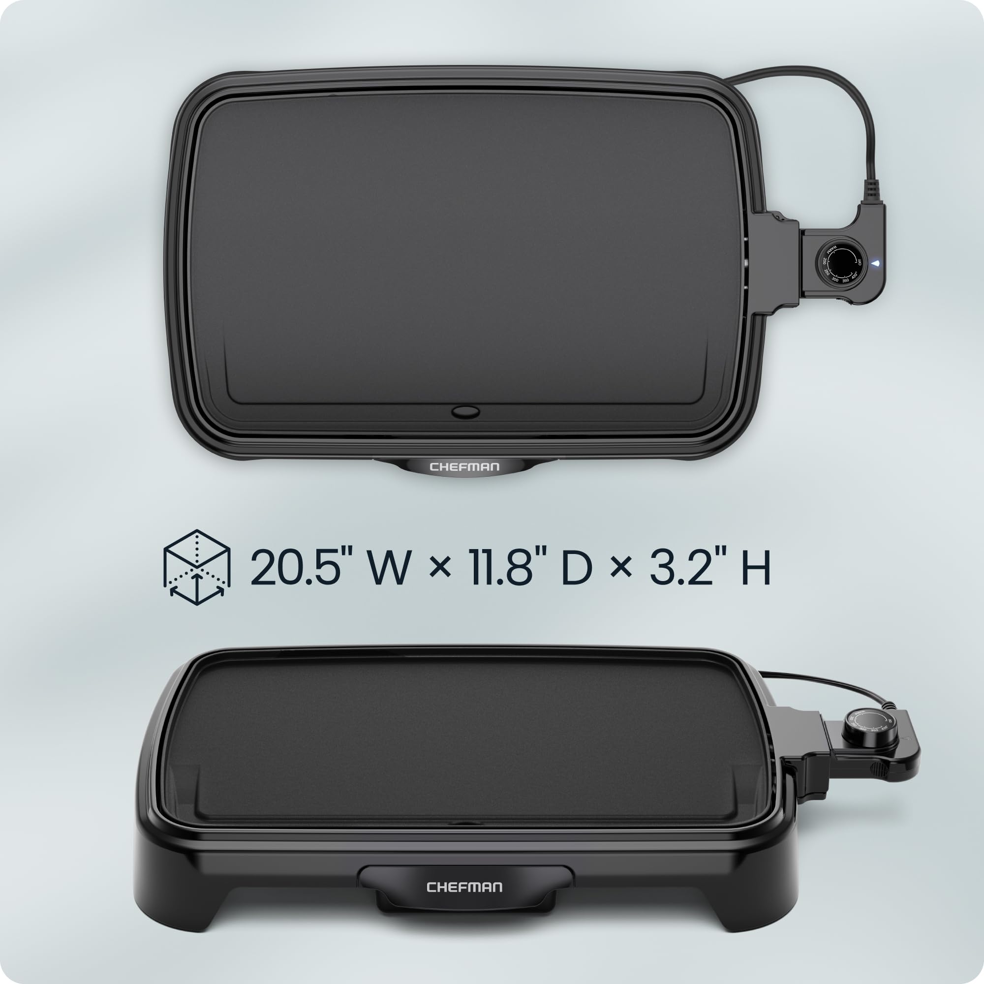 Chefman griddle next to cutting board showing size comparison and convenient storage benefit