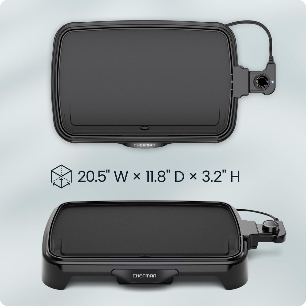 Chefman griddle next to cutting board showing size comparison and convenient storage benefit