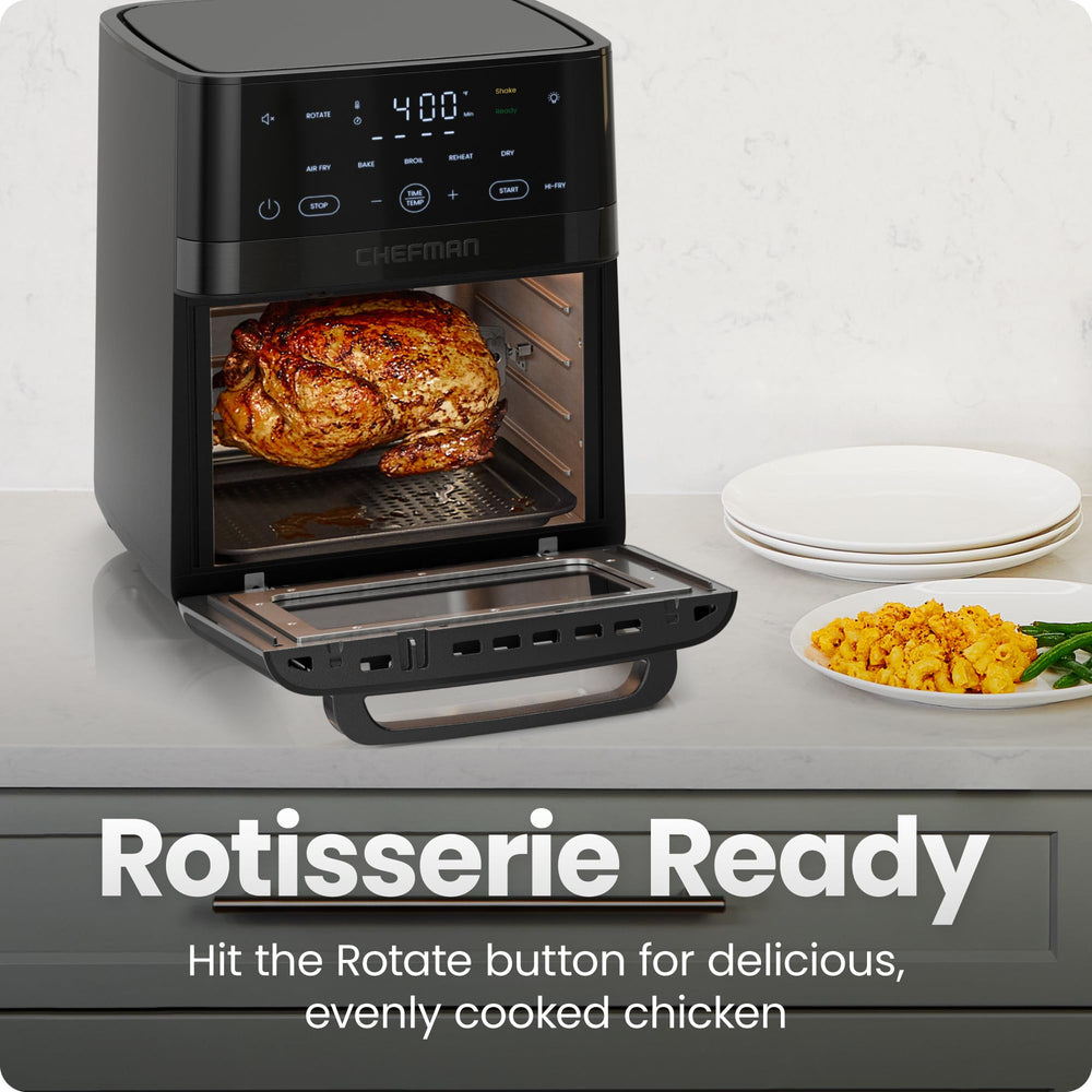 Chefman on a countertop with size comparison demonstrating family-sized capacity