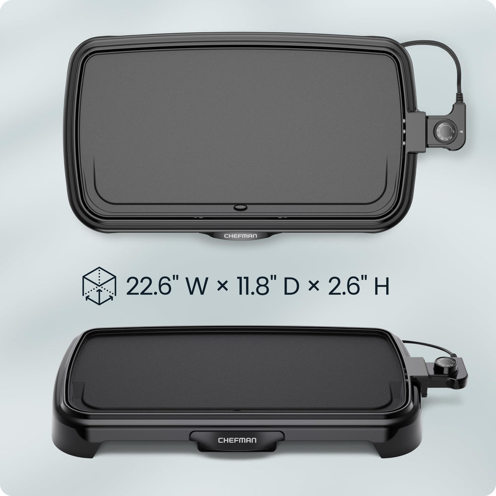 Chefman griddle next to toaster for size comparison and countertop convenience