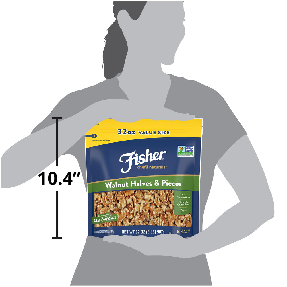 CHEF'S NATURALS walnuts with measuring cup showing bulk quantity and portioning