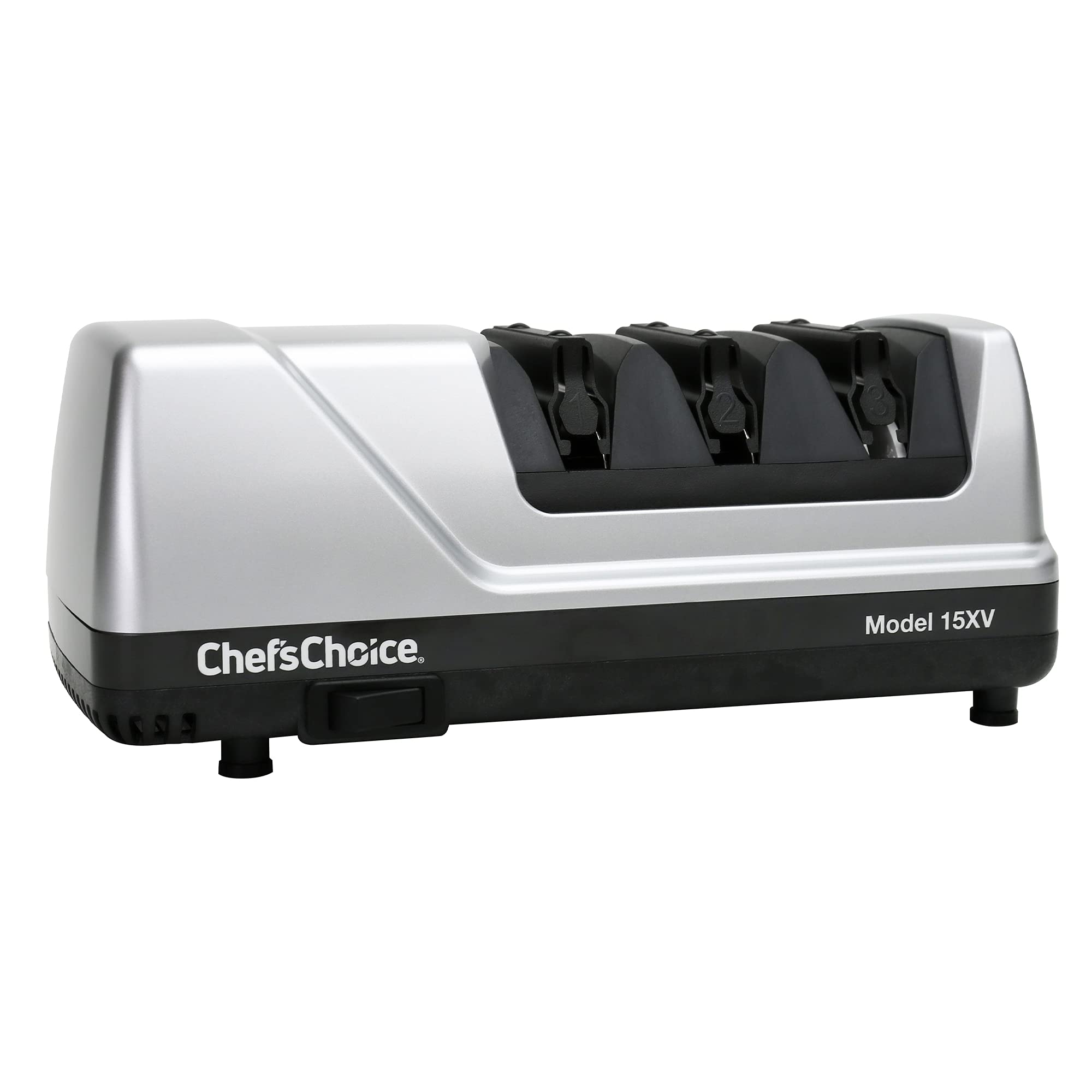 Chef's Choice 15XV front profile showing compact electric sharpener and ergonomic shape benefit