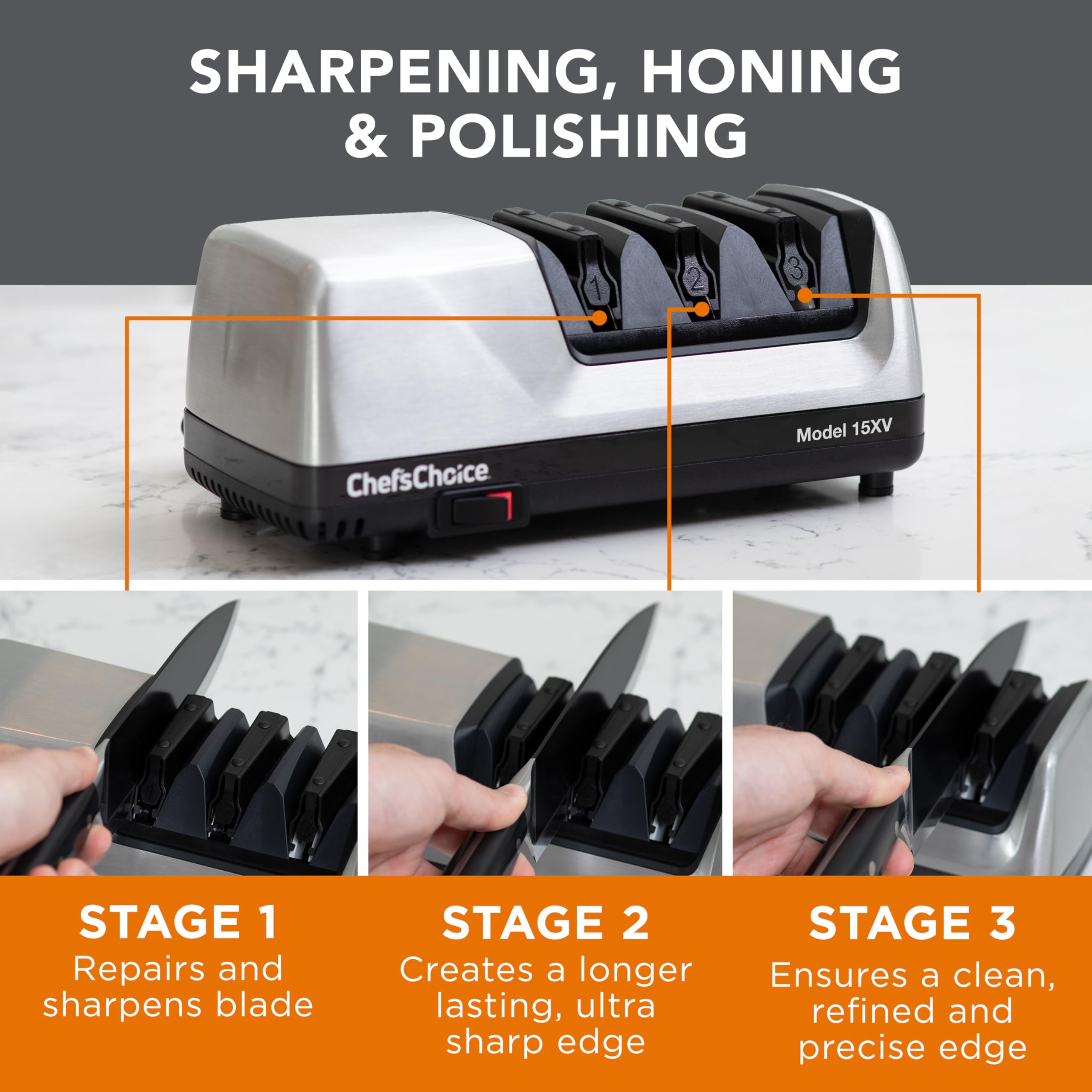 Chef's Choice 15XV with a chef's knife inserted demonstrating easy use and time-saving benefit