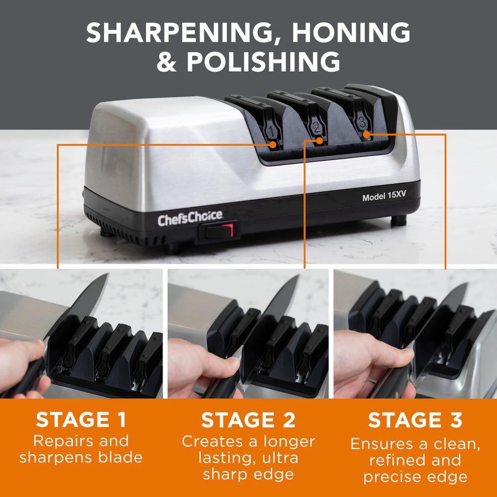 Chef's Choice 15XV with a chef's knife inserted demonstrating easy use and time-saving benefit