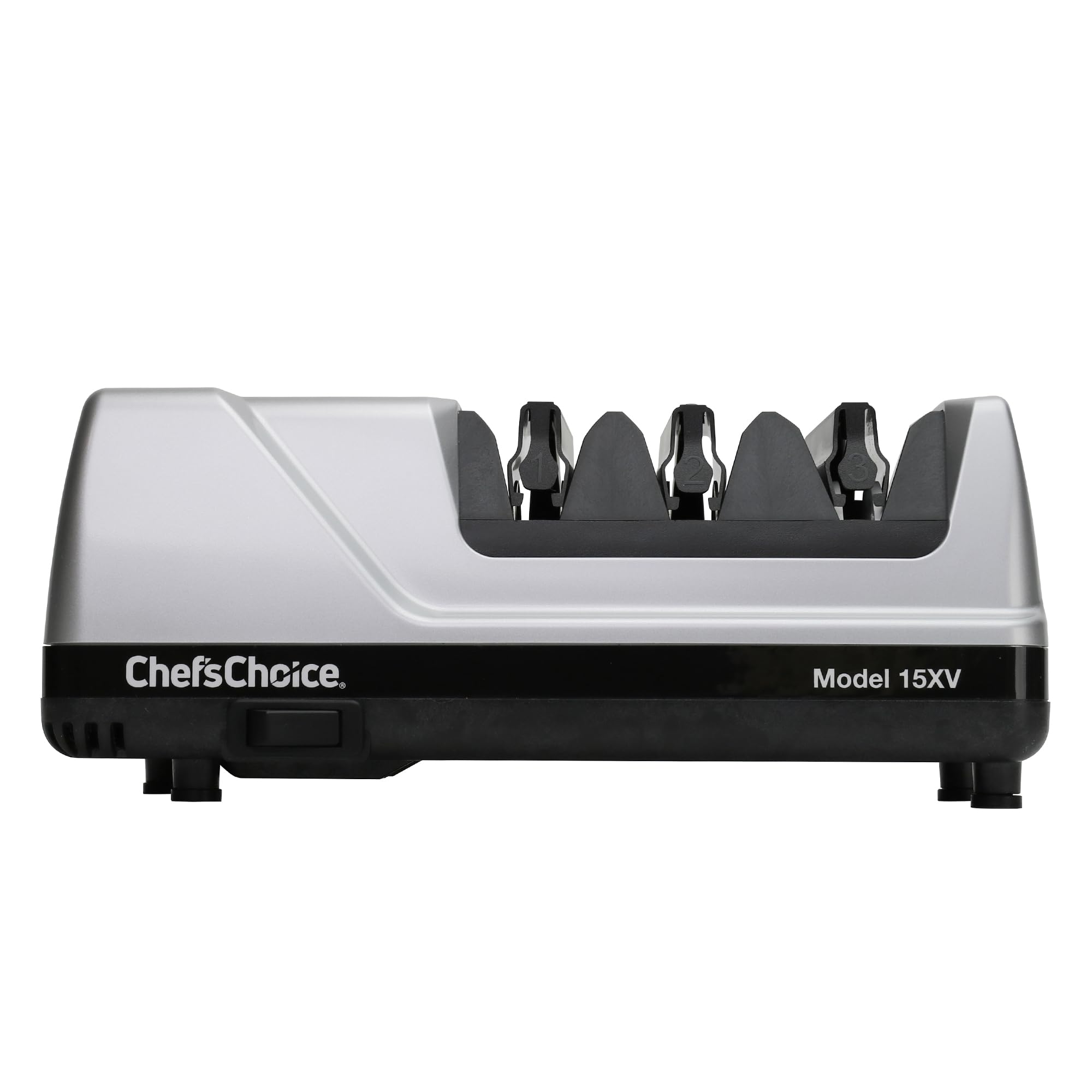 Chef's Choice 15XV next to a chef's knife showing size and scale for countertop fit benefit