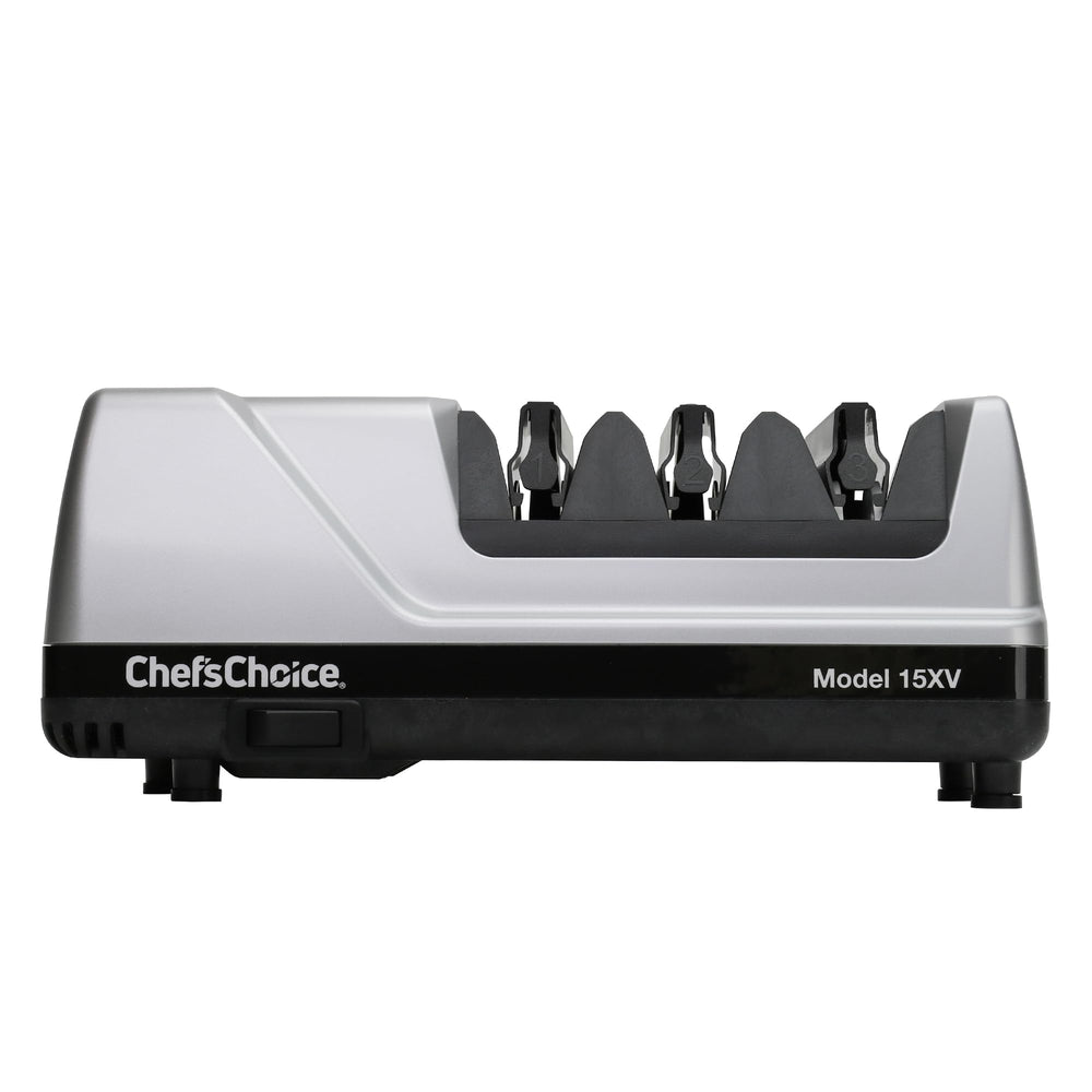 Chef's Choice 15XV next to a chef's knife showing size and scale for countertop fit benefit